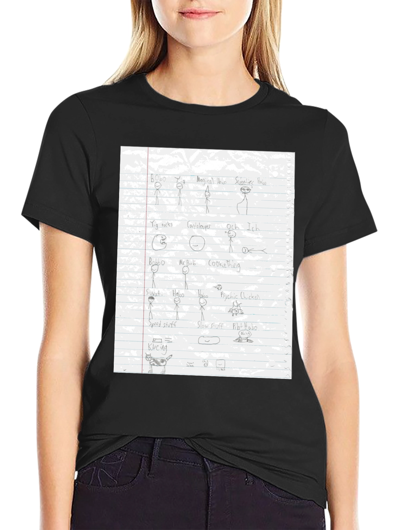 Black Hand-Drawn Doodle Tee - Stick Figures & Quirky Art view 2