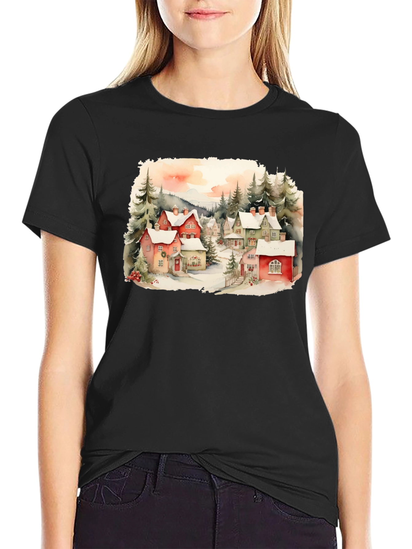 Black Watercolor Winter Village T-Shirt view 2