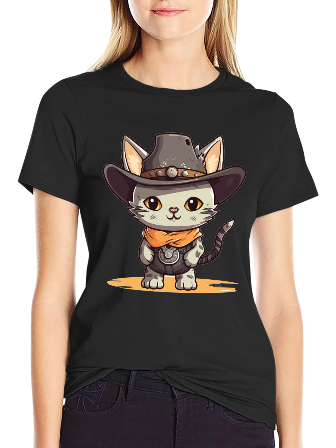 Black Cartoon Cowboy Cat Graphic Tee view 2