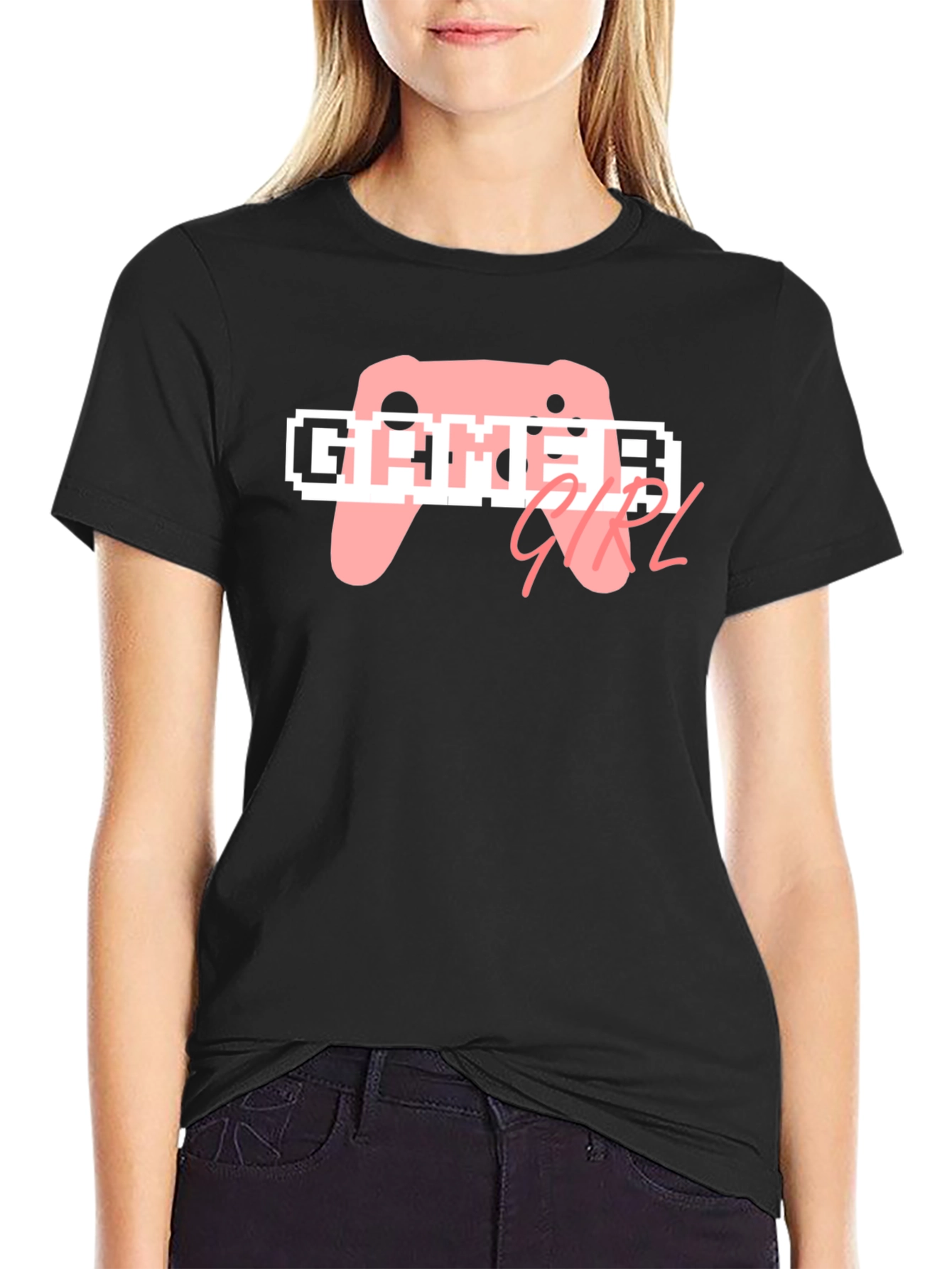 Black Gamer Girl T-Shirt - Black Cotton Tee, Pink Controller Design view 2