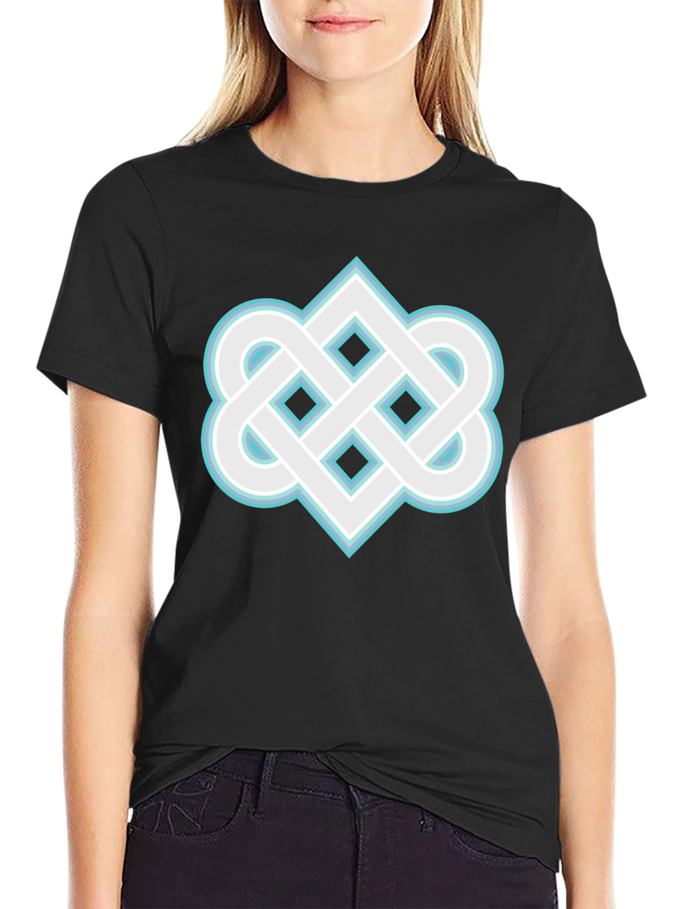 Black Geometric Knot Graphic Tee - Black Cotton Blend Shirt view 2
