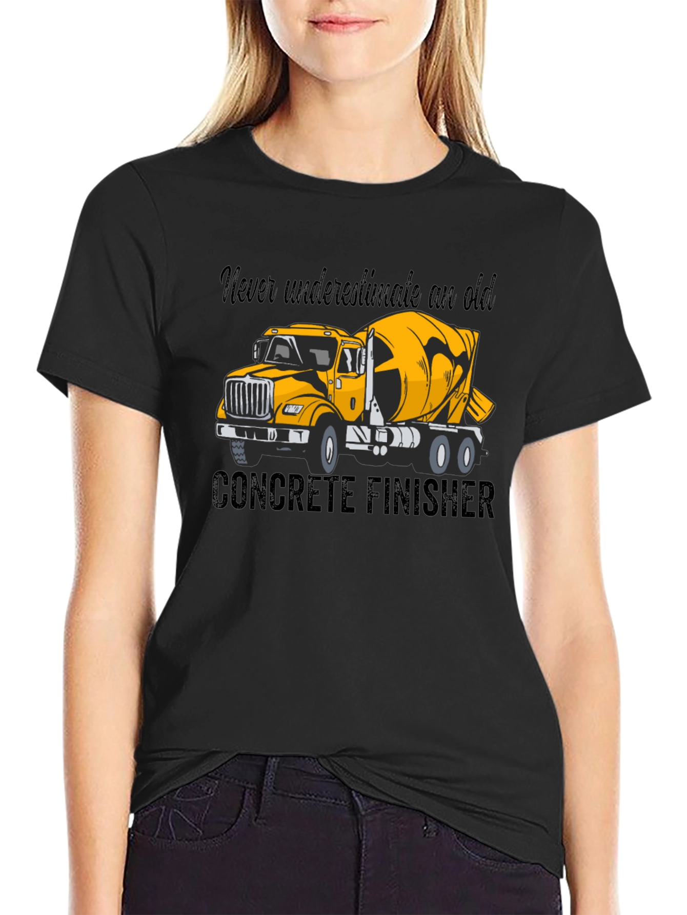 Black Concrete Finisher T-Shirt - Yellow Truck Graphic Tee view 2