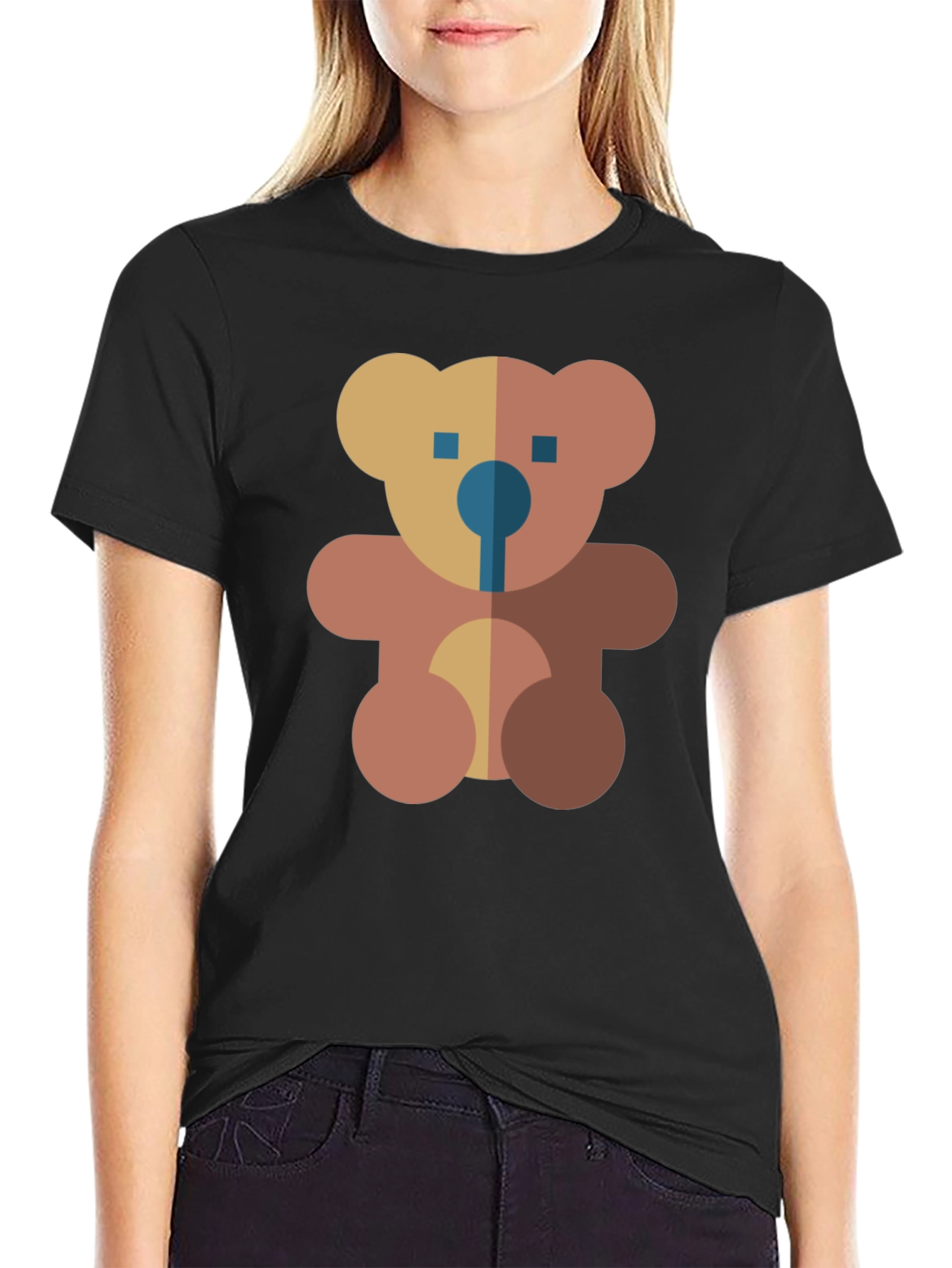 Black Geometric Teddy Bear Graphic Black T-Shirt view 2