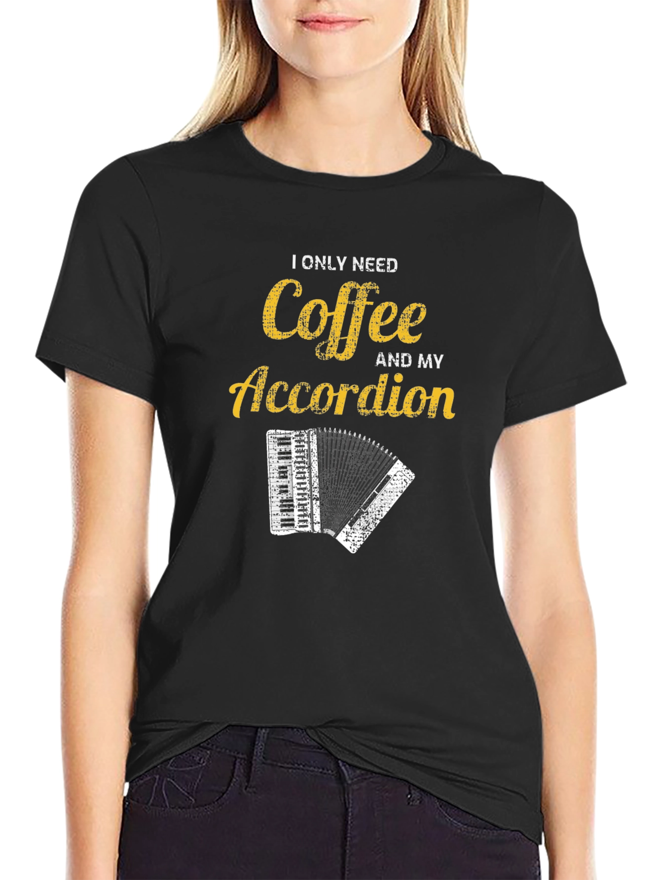 Black Coffee and Accordion Graphic T-Shirt - Musician Humor Tee view 2