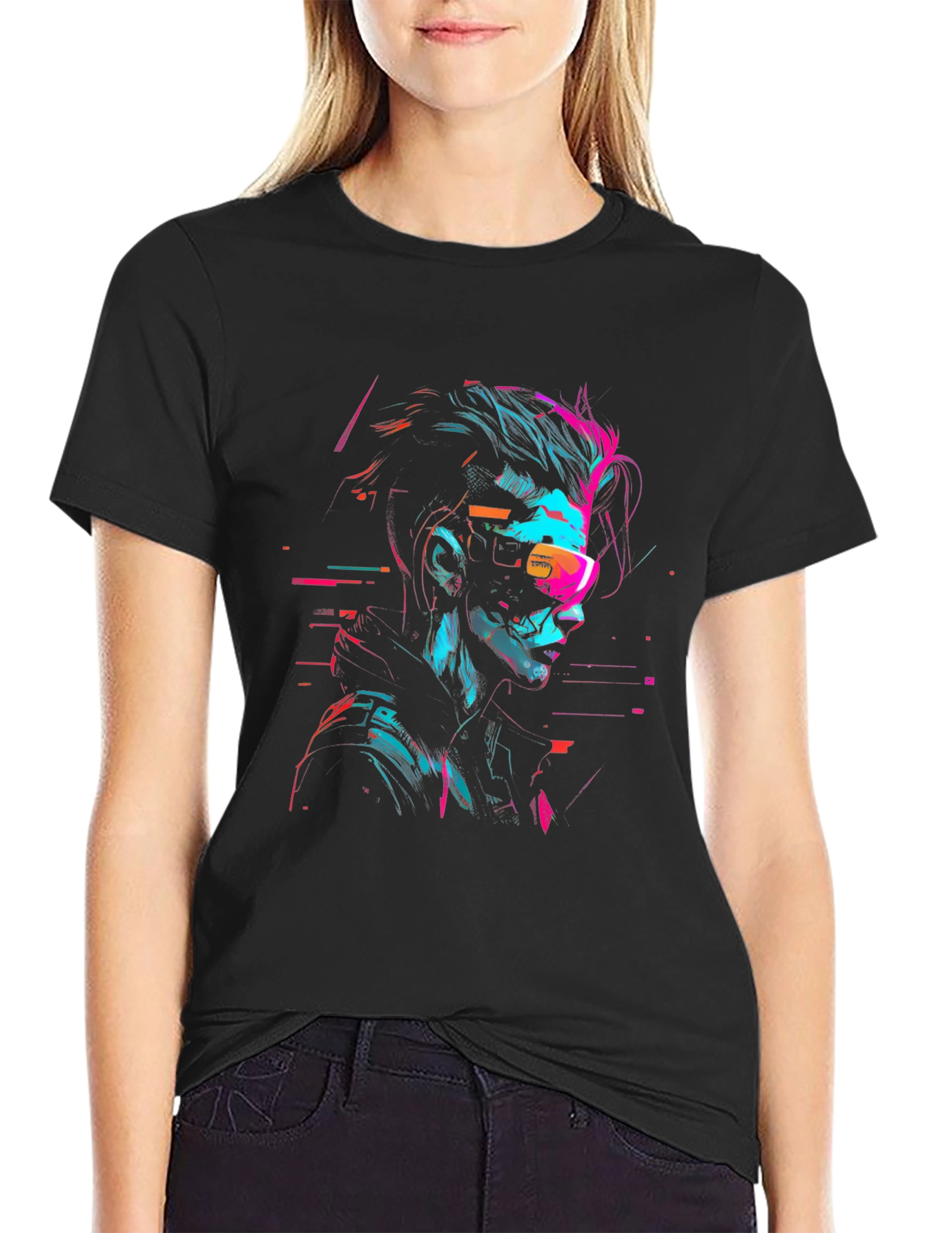 Black Cyberpunk Style Graphic Print Black T-Shirt view 2