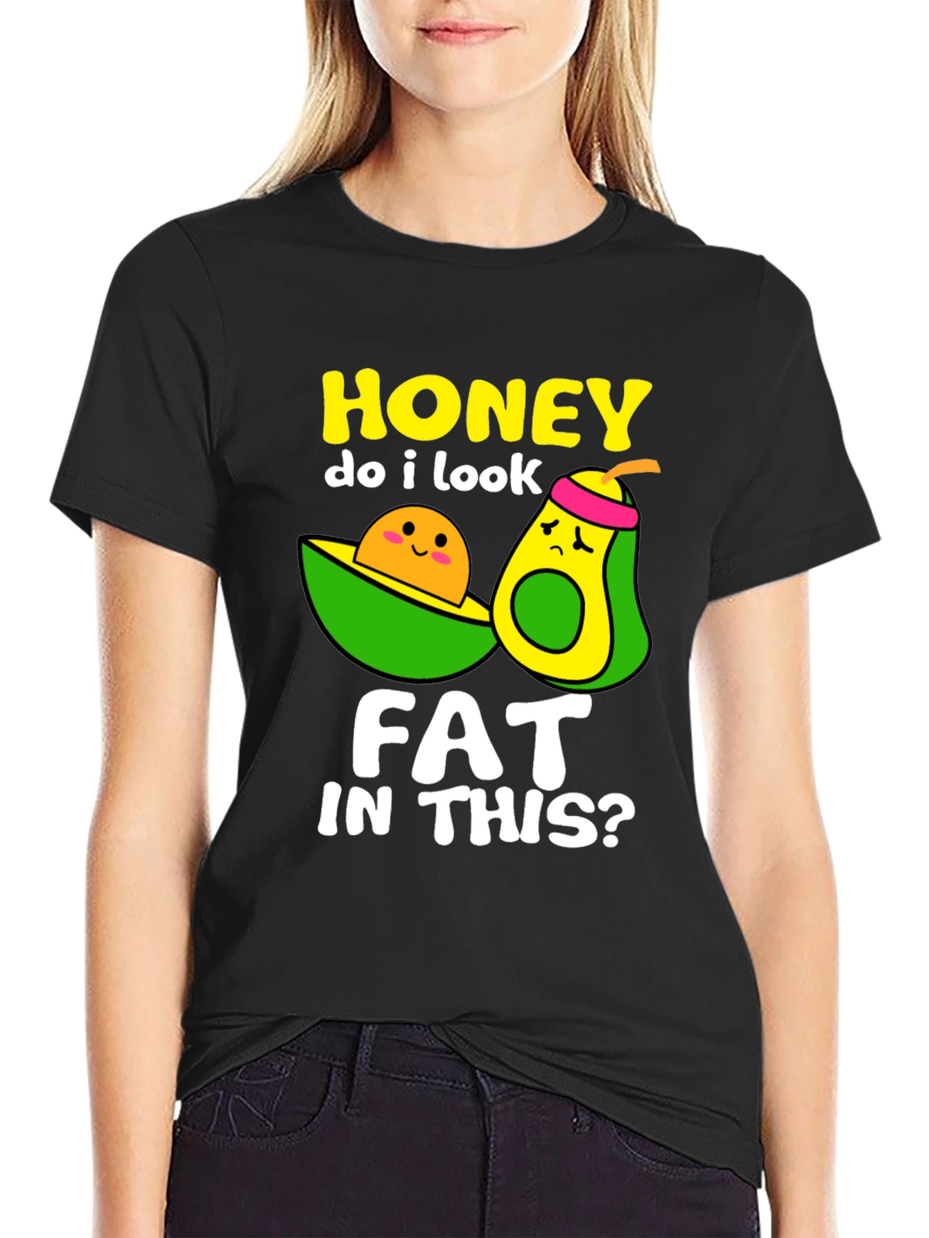 Black Funny Avocado Graphic T-Shirt - Honey Do I Look Fat? view 2