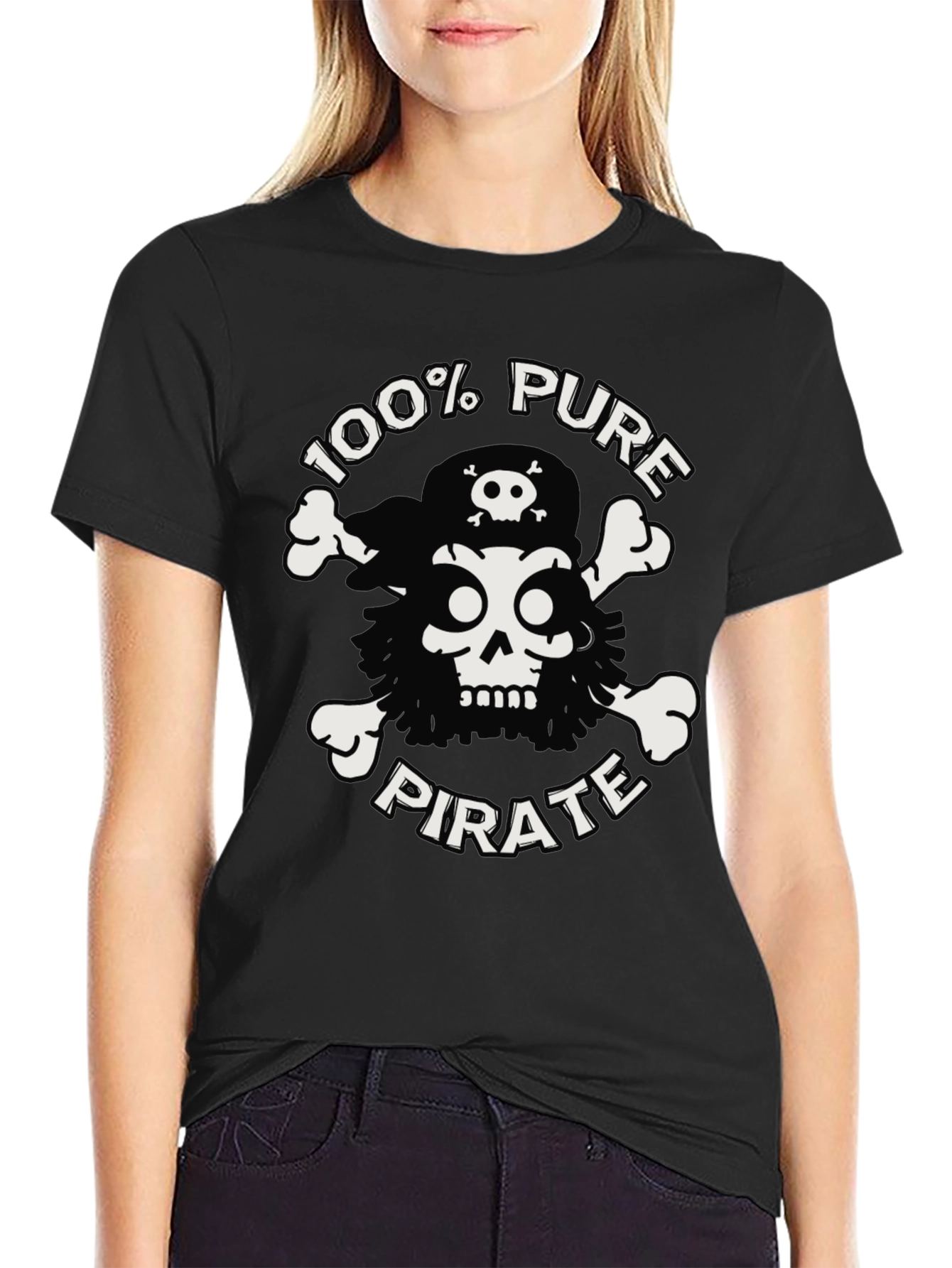 Black 100% Pure Pirate Skull & Crossbones Black T-Shirt view 2