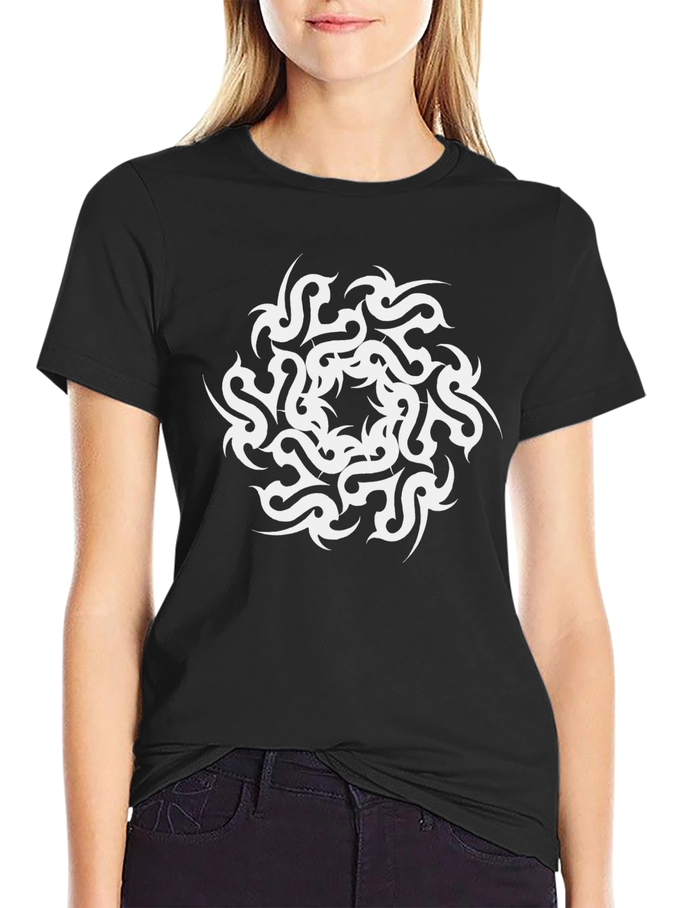 Black Tribal Design Black Tee Shirt view 2