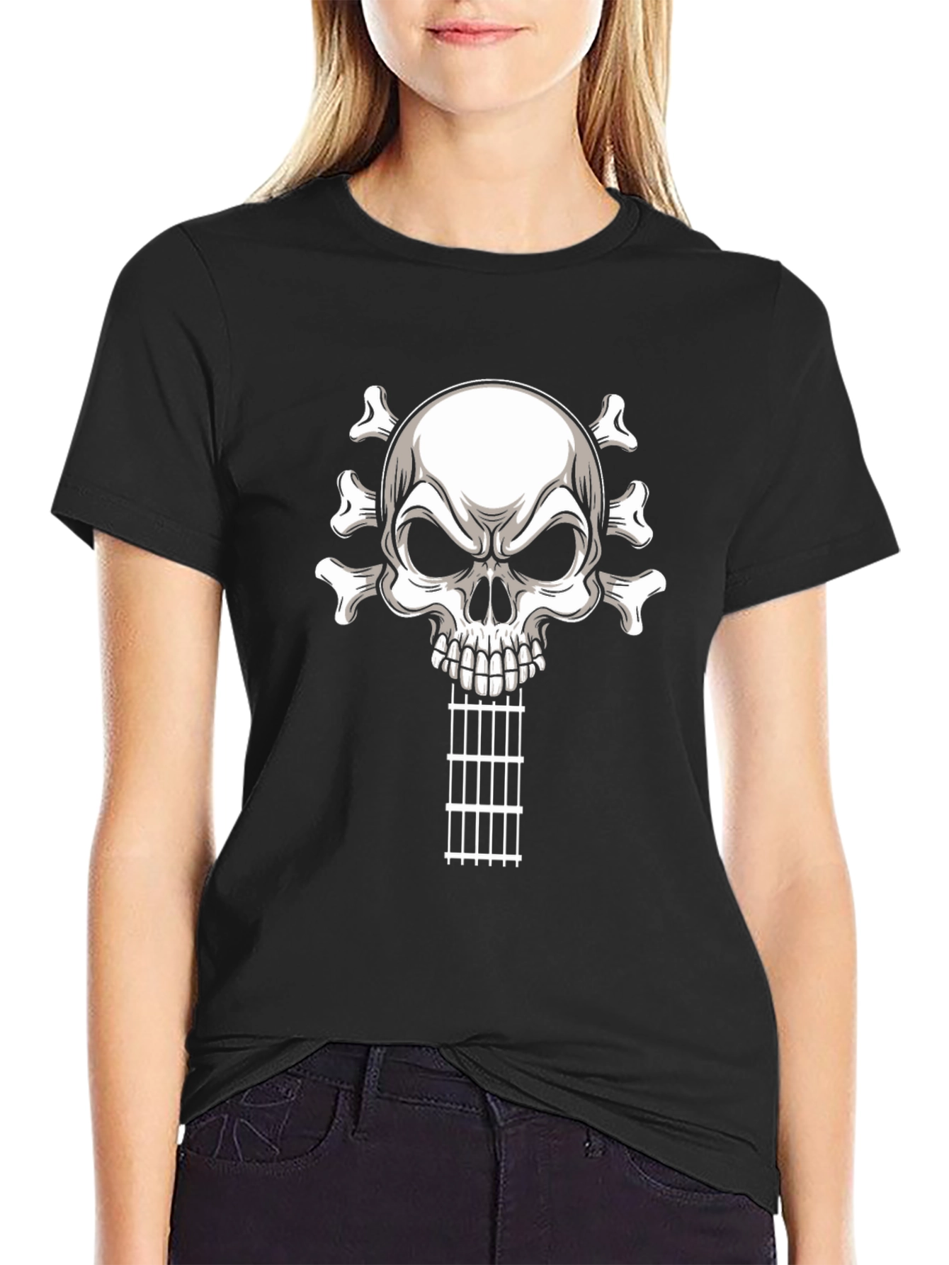 Black Skull Guitar T-Shirt - Rocker Style Black Tee view 2