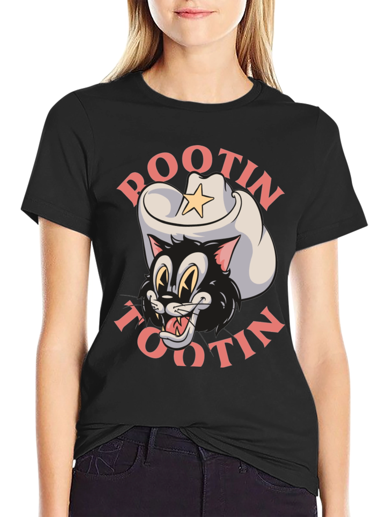 Black Pootin Tootin Cowboy Cat T-Shirt view 2