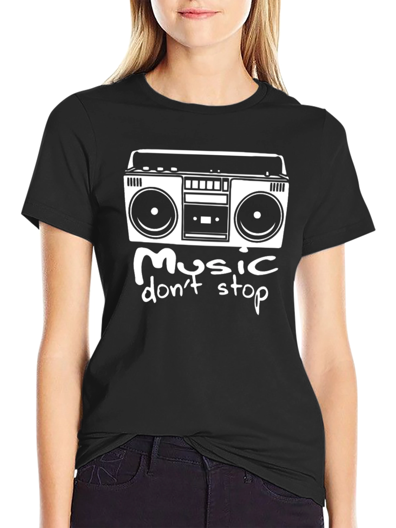 Black Retro Boombox T-Shirt - Music Don't Stop Black Tee view 2