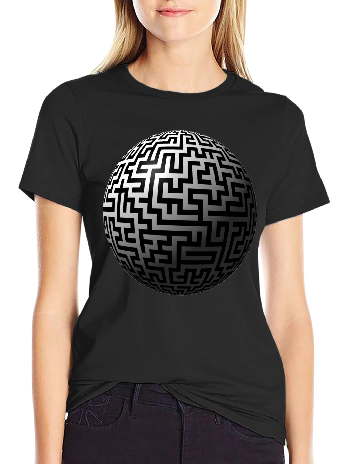 Black Maze Sphere Graphic Tee - Black Cotton Casual Wear view 2