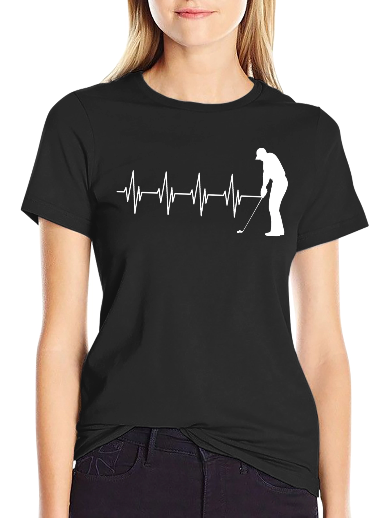 Black Golfer Heartbeat T-Shirt - Black Cotton Tee view 2
