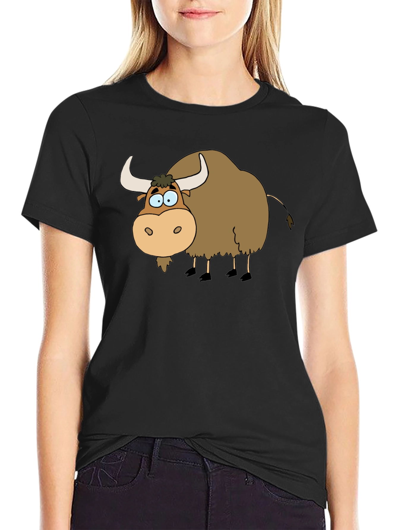 Black Cartoon Yak Graphic Tee - Black Cotton T-Shirt view 2