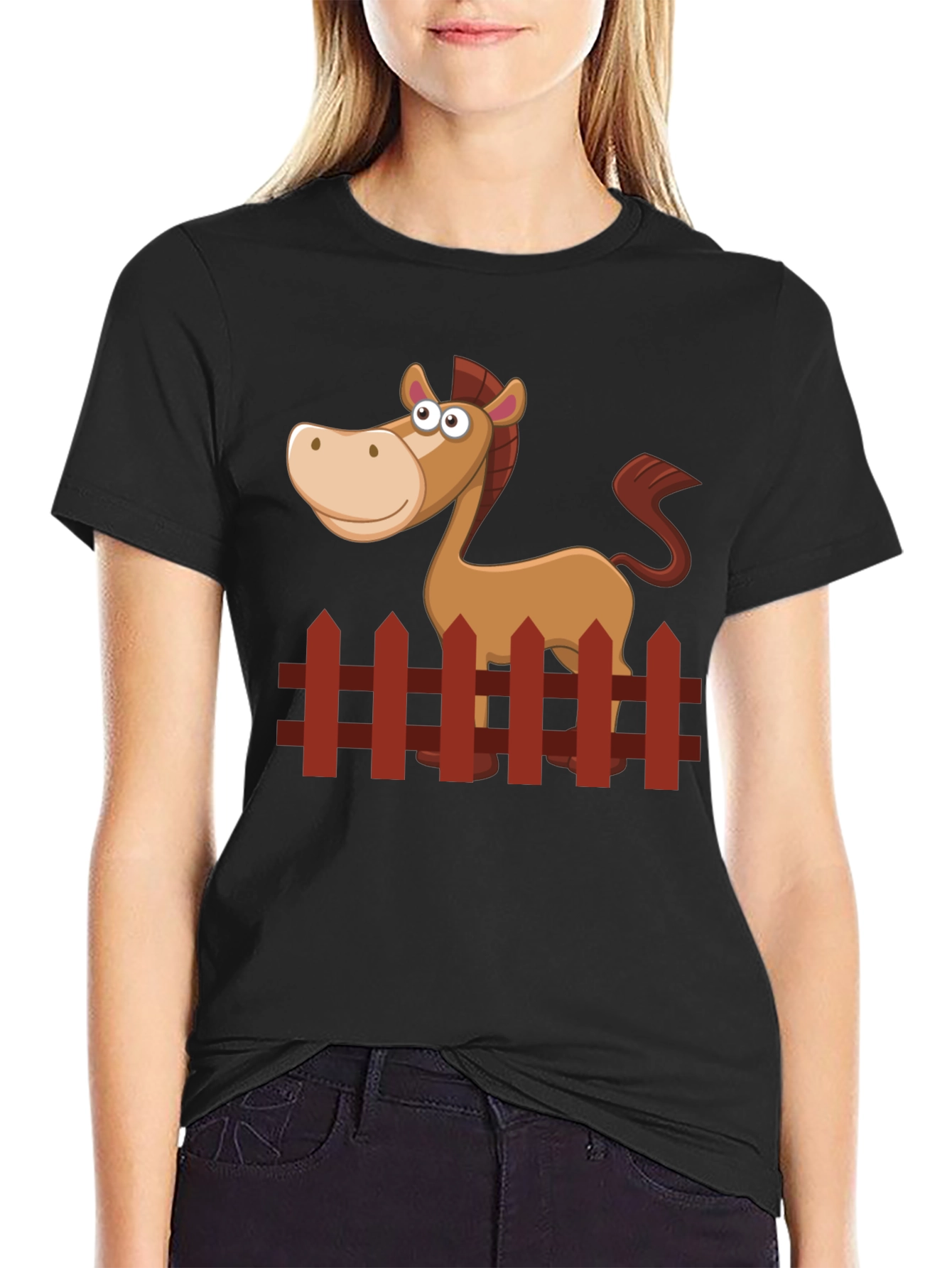 Black Cartoon Horse Graphic Tee - Black Cotton Shirt view 2