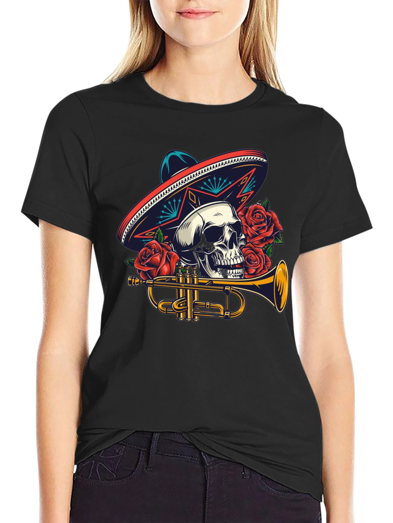 Black Skull Sombrero Trumpet Graphic Tee view 2
