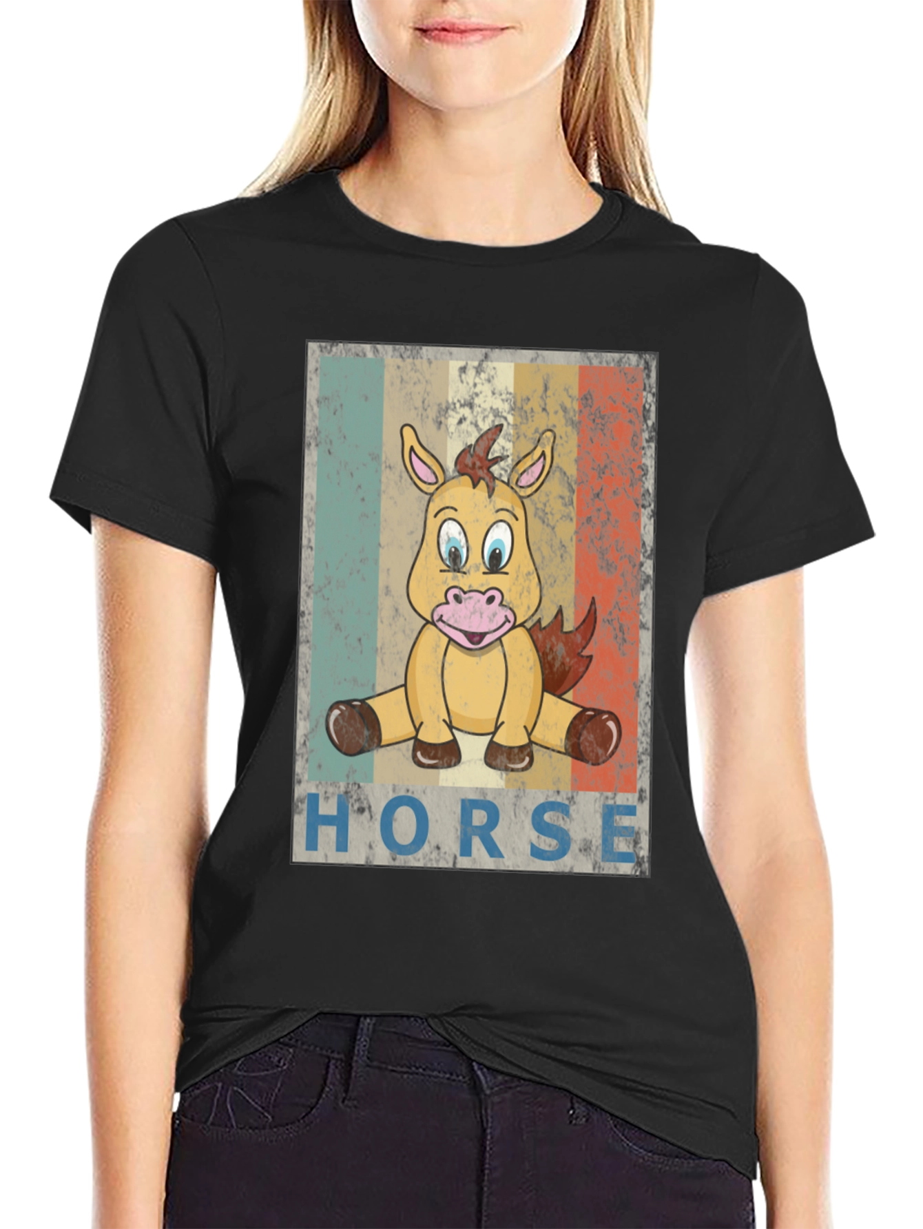 Black Cartoon Horse Graphic Tee - Unisex Black T-Shirt view 2