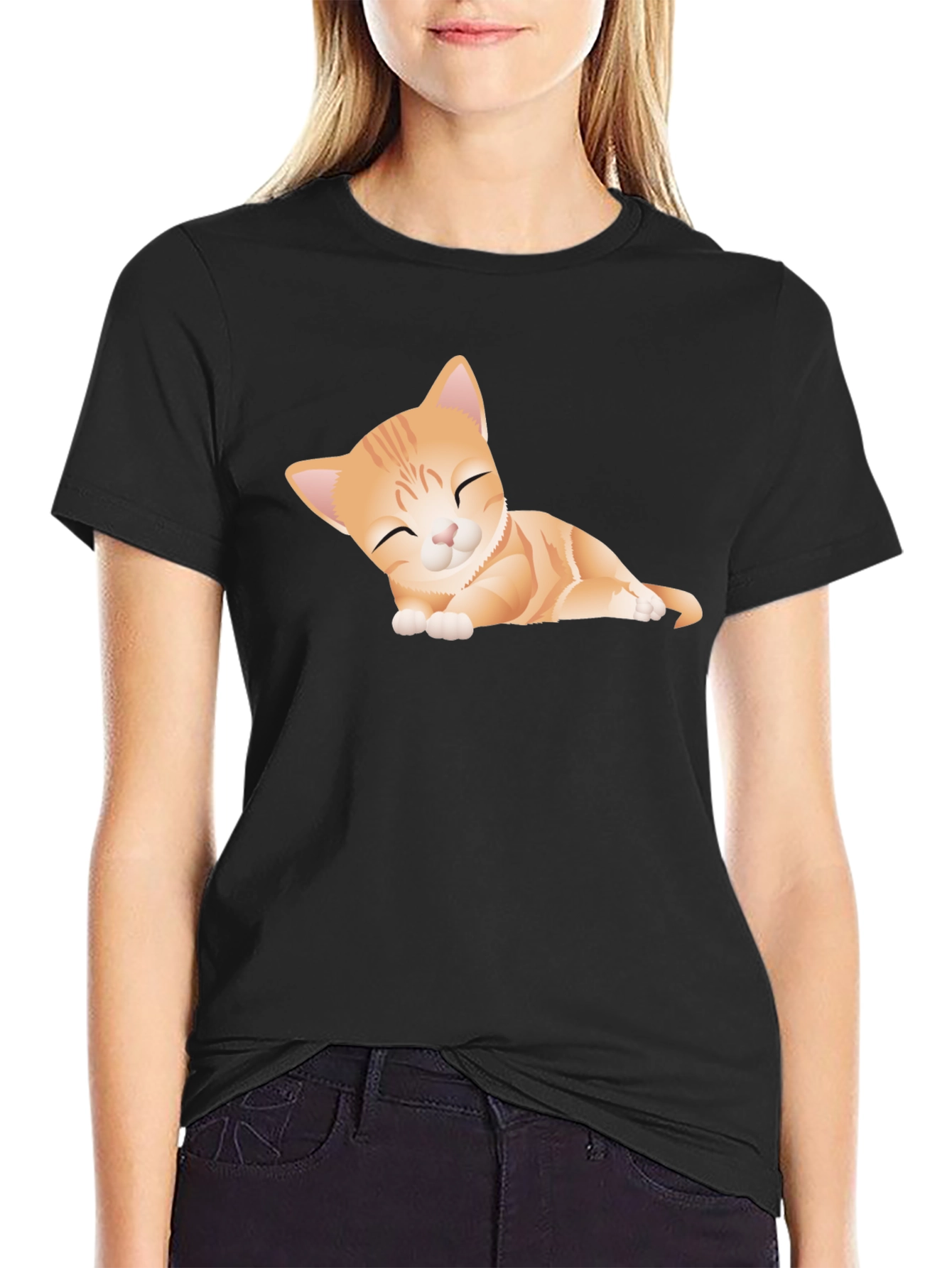 Black Cute Kitten Graphic Tee - Soft Black Cotton T-Shirt view 2