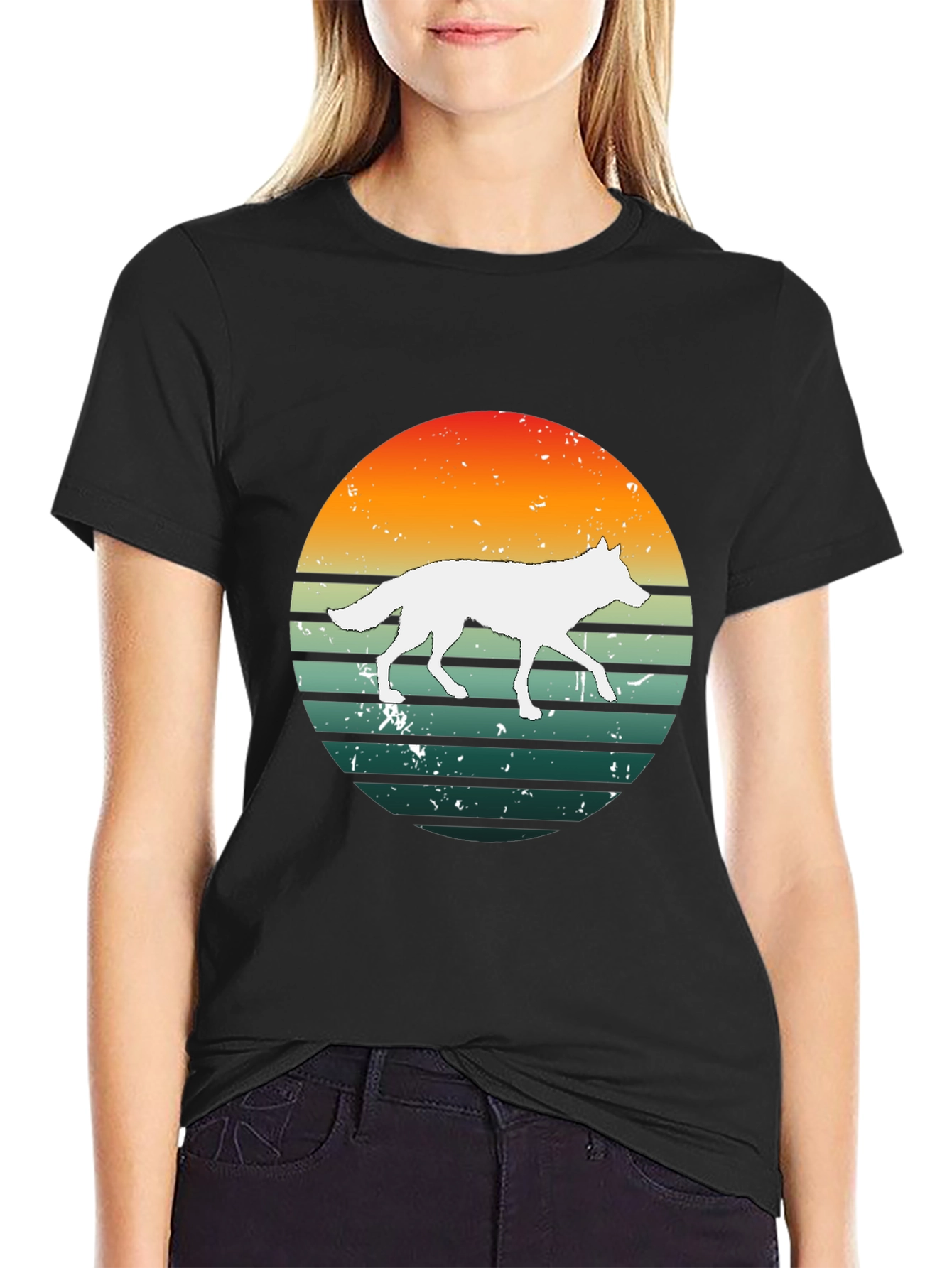 Black Sunset Wolf Graphic Tee - Retro Style view 2