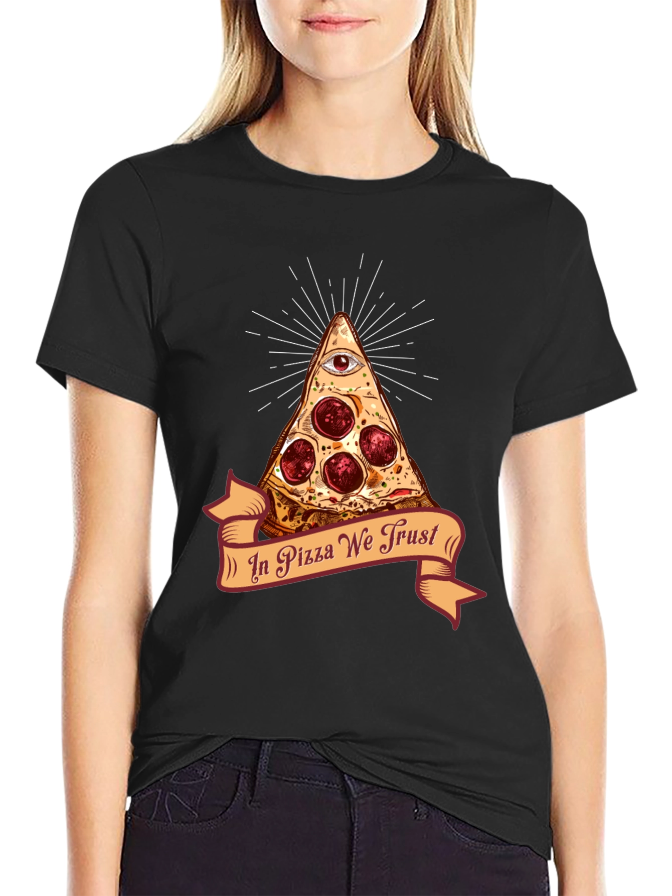 Black Pizza Illuminati T-Shirt - In Pizza We Trust Funny Tee view 2