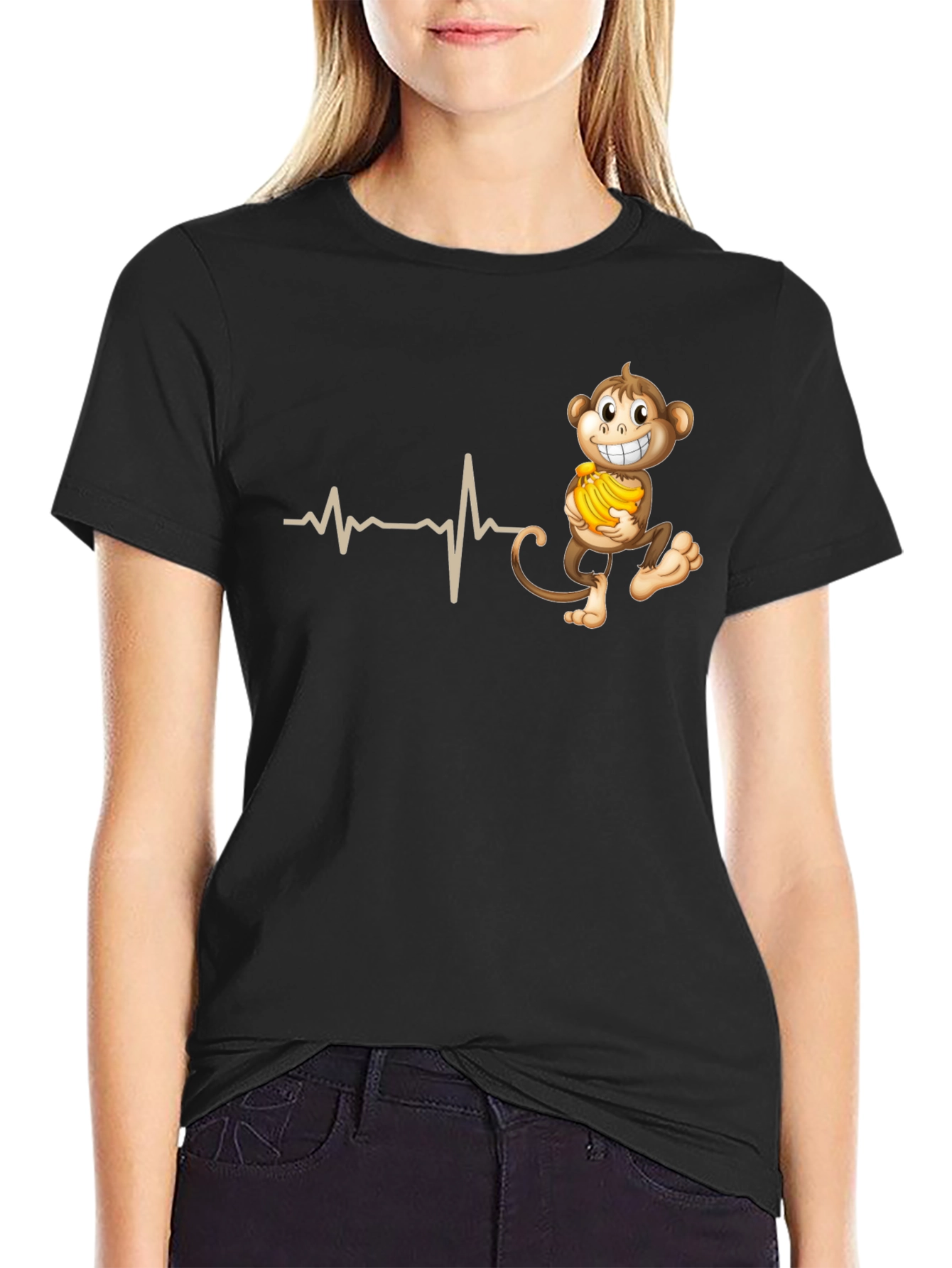 Black Funny Monkey Heartbeat T-Shirt - Novelty Tee view 2
