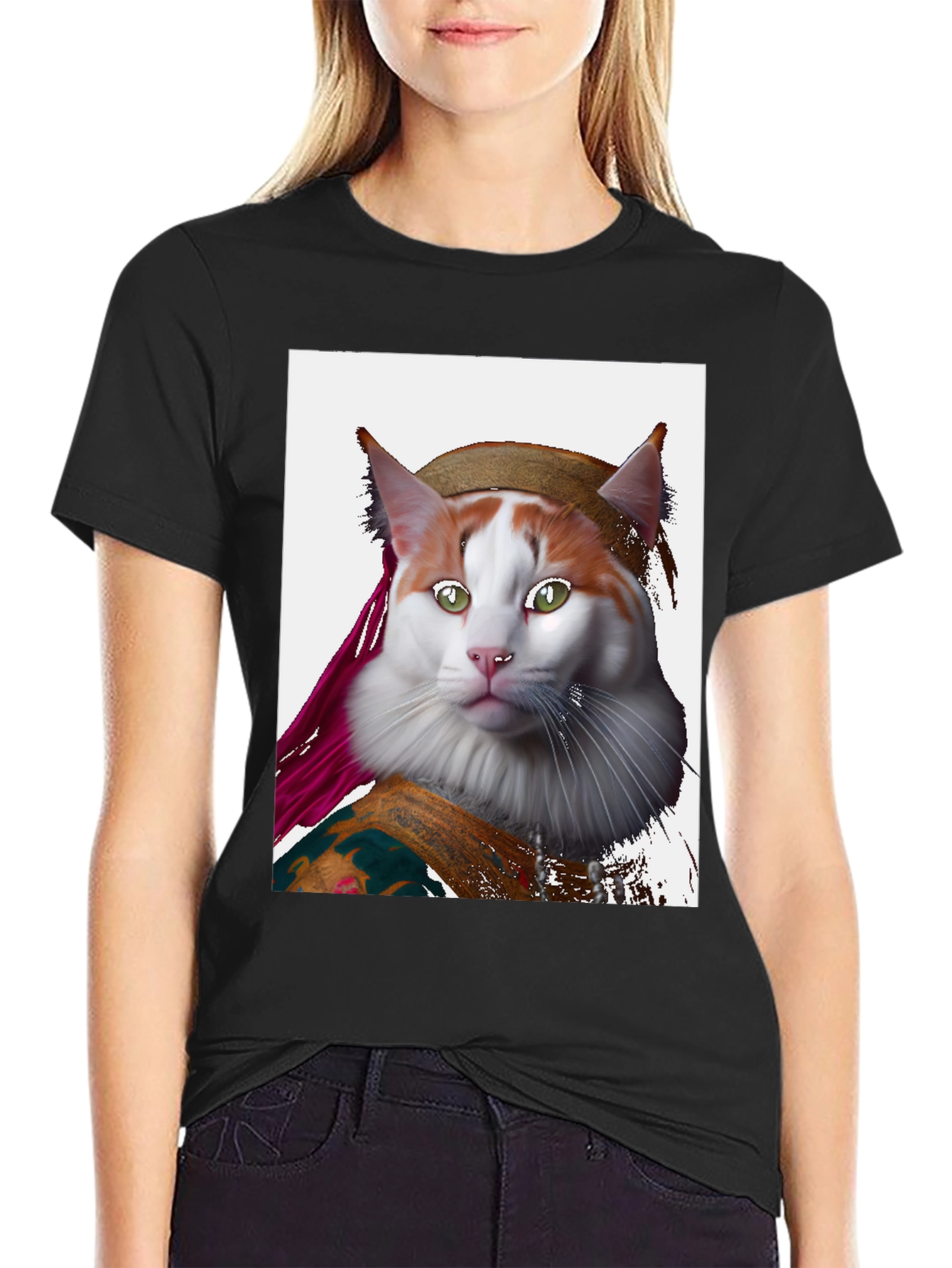 Black Mona Lisa Cat T-Shirt - Artful Feline Portrait view 2