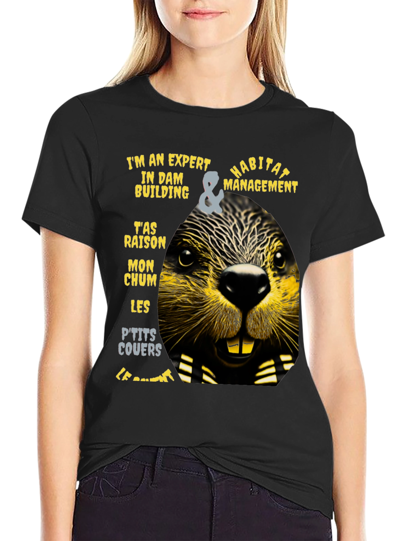 Black Expert Dam Builder T-Shirt - Funny Beaver Habitat Management Tee view 2