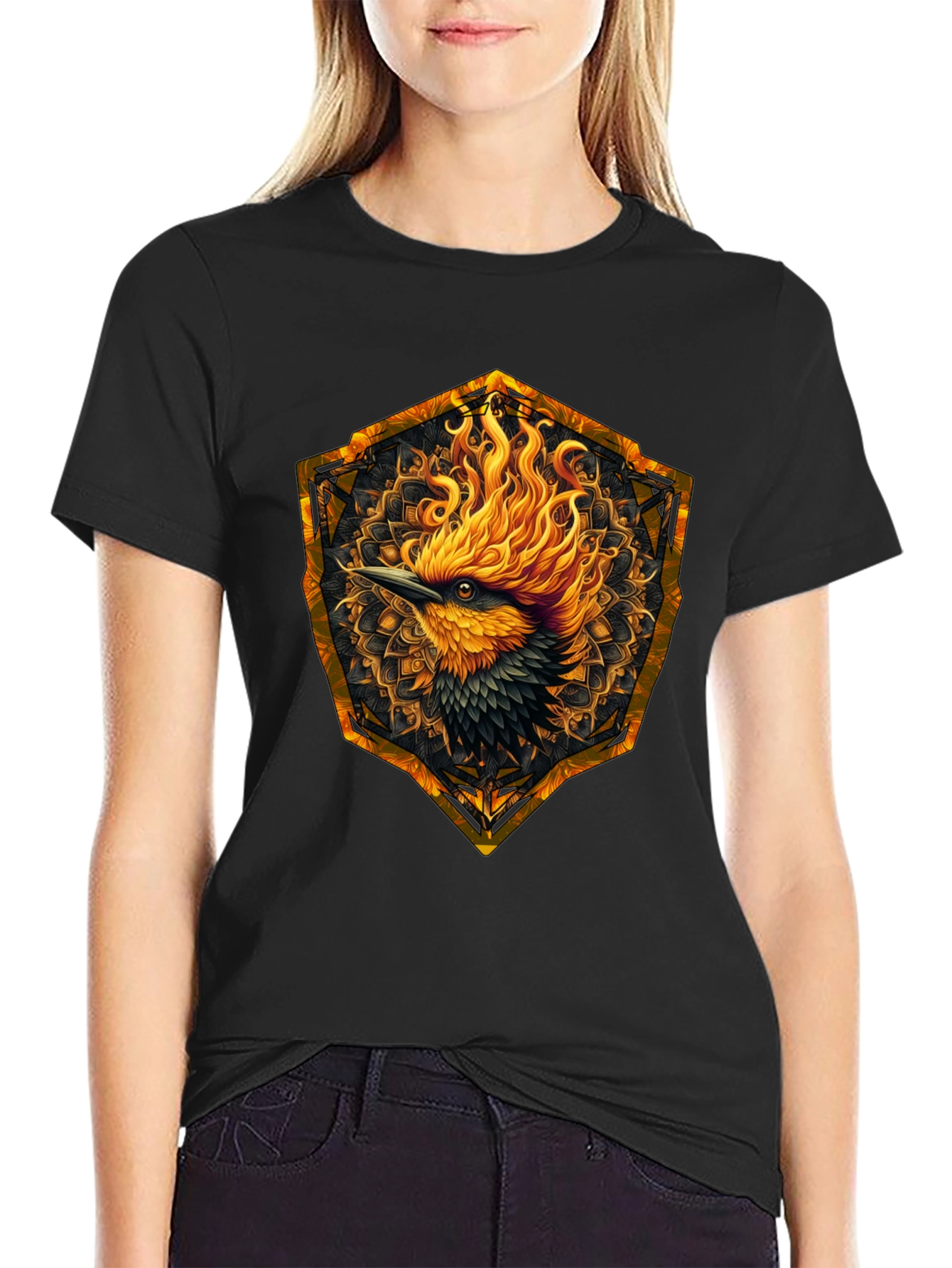 Black Fiery Phoenix Graphic Tee - Black Cotton Blend view 2
