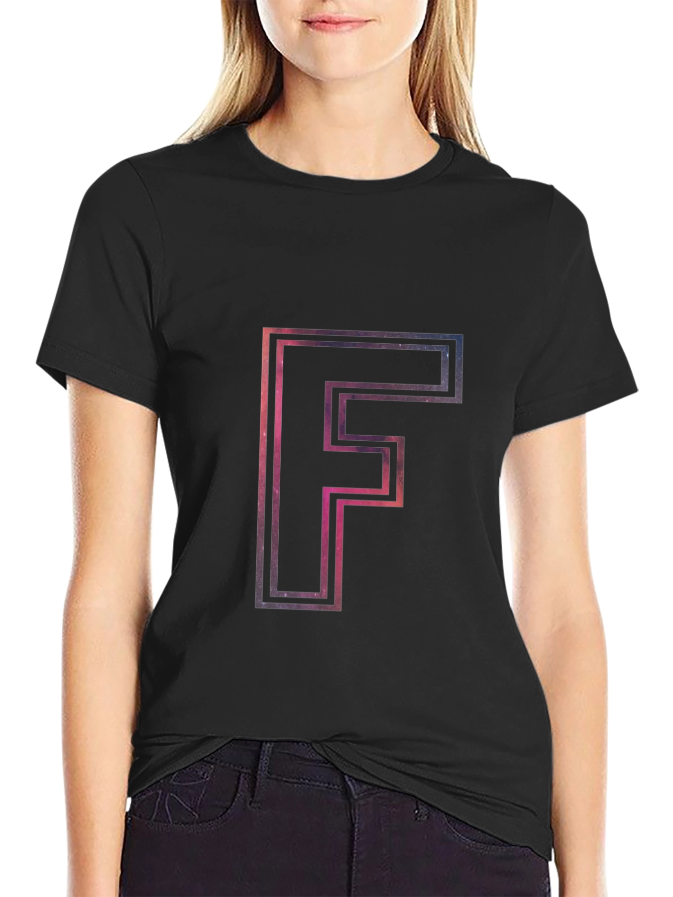 Black Galaxy Letter F Men's Black T-Shirt view 2