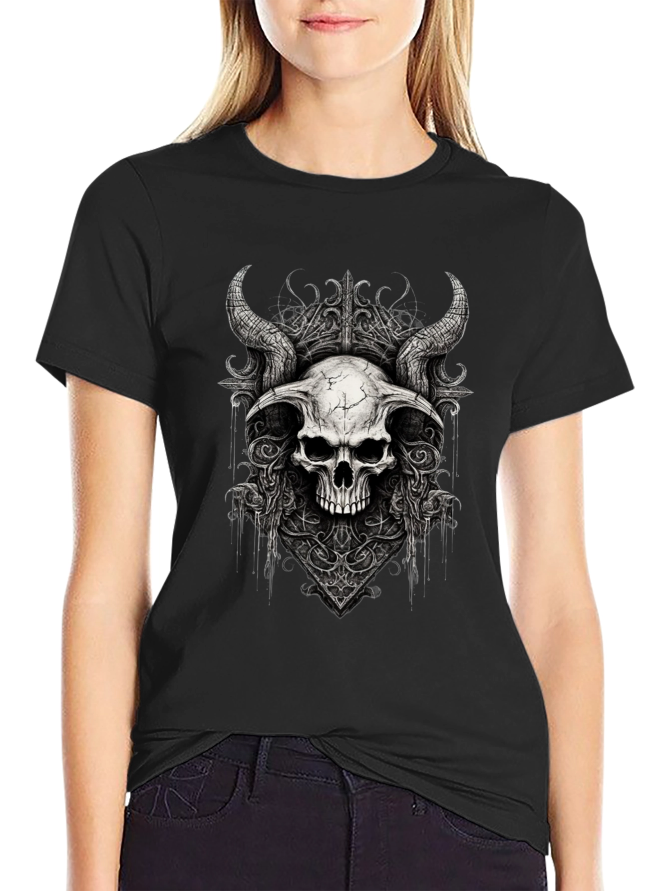 Black Black Skull Horns Graphic Tee view 2