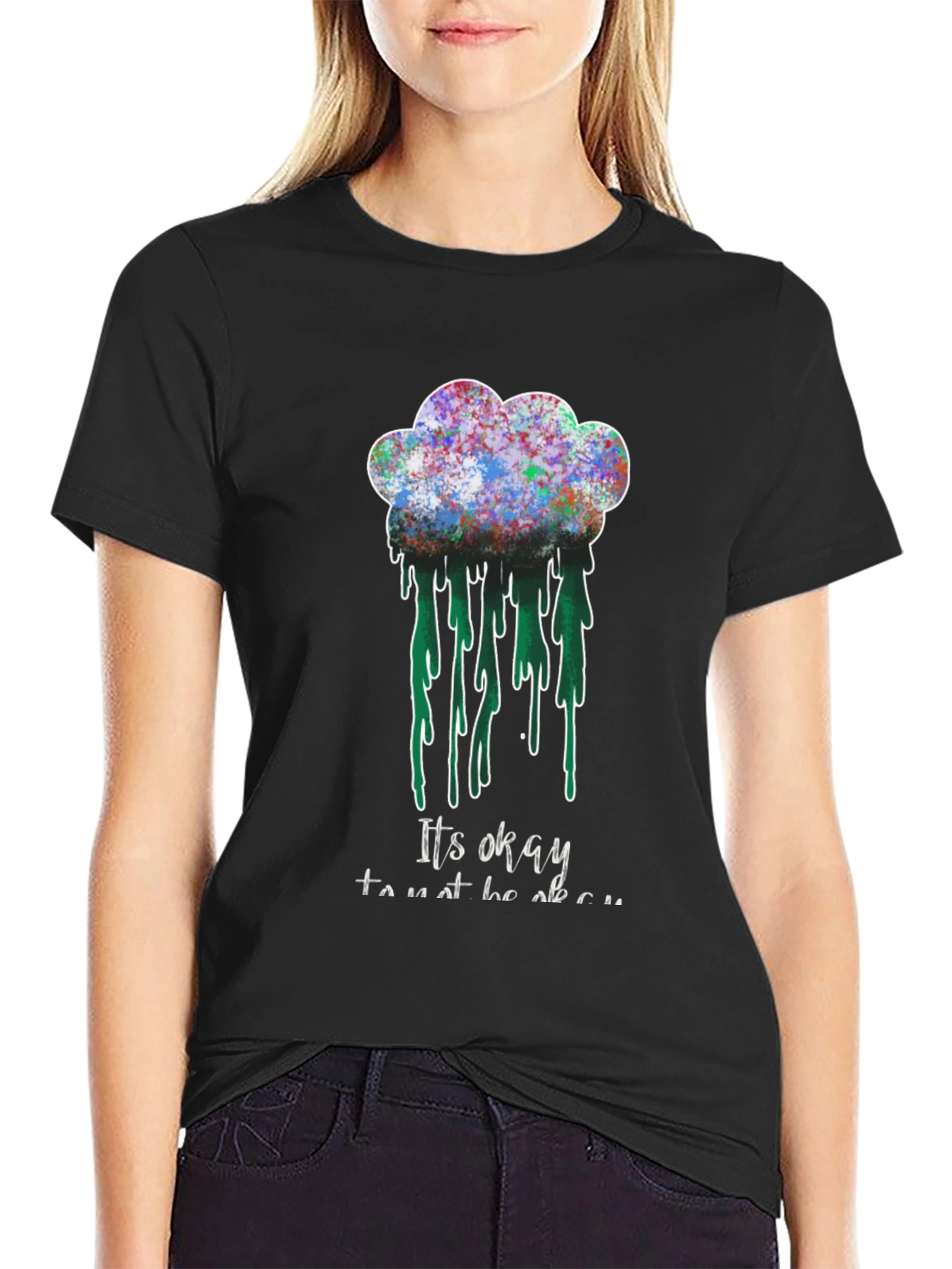 Black It's Okay T-Shirt - Colorful Cloud Design view 2