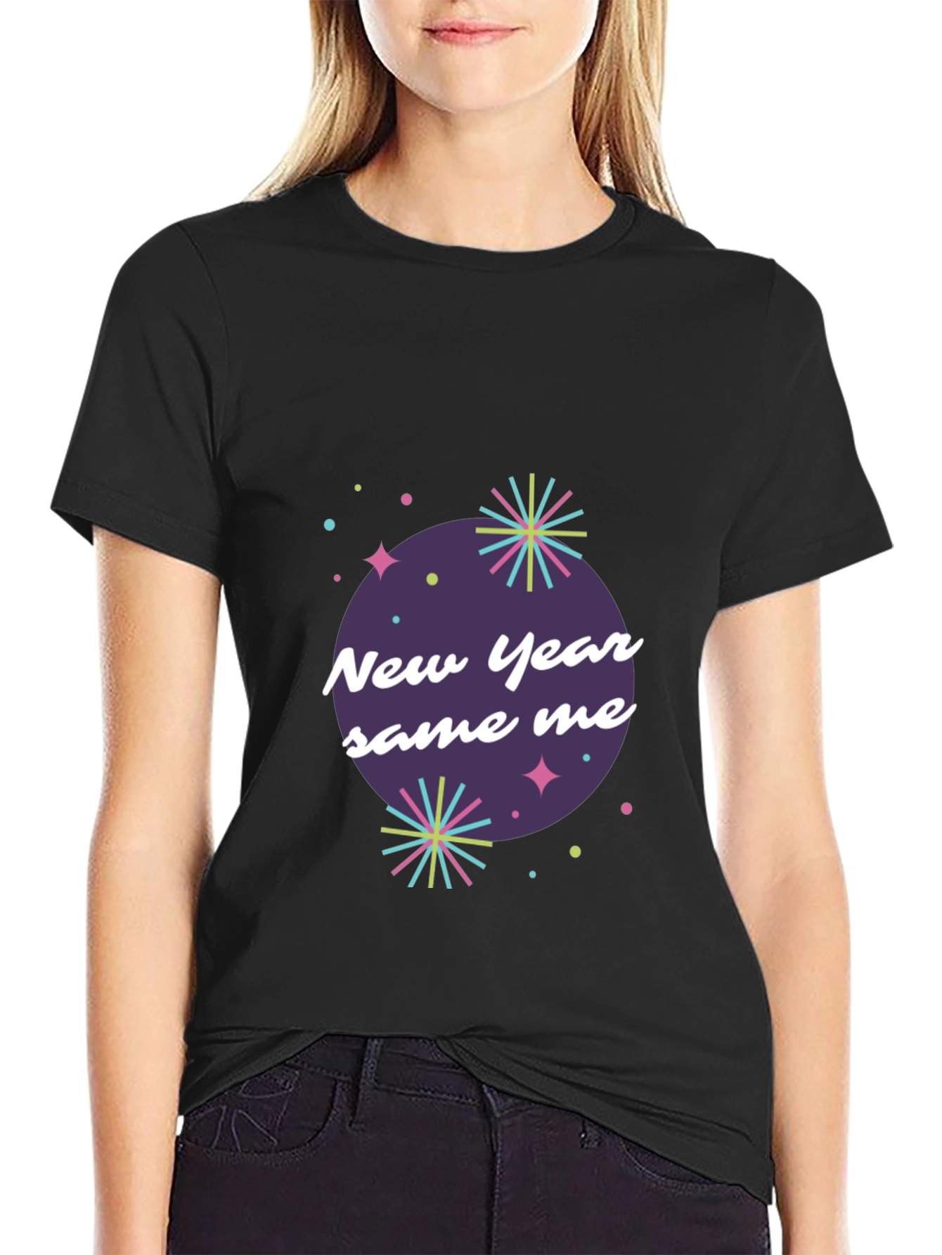 Black New Year Same Me Graphic Tee - Black Cotton Casual Shirt view 2