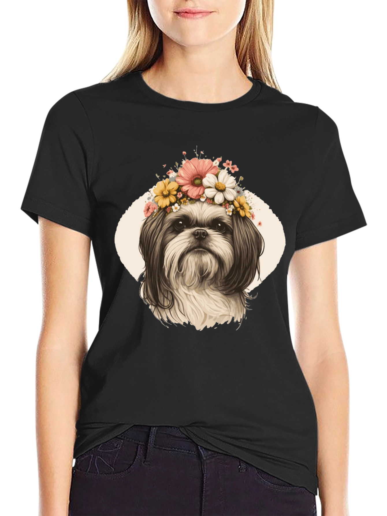 Black Dog with Flower Crown Graphic T-Shirt view 2