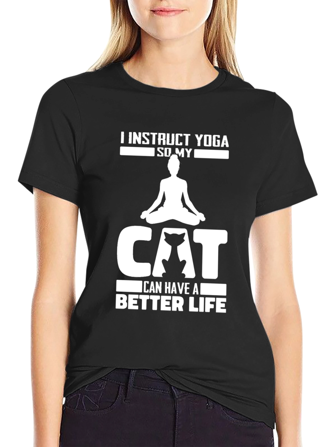 Black Yoga Instructor Cat Lover Graphic Tee view 2