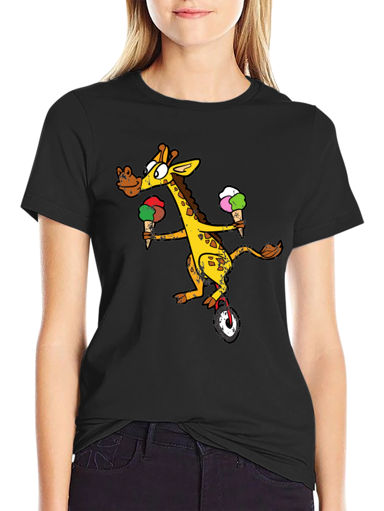 Black Giraffe On Unicycle T-Shirt view 2