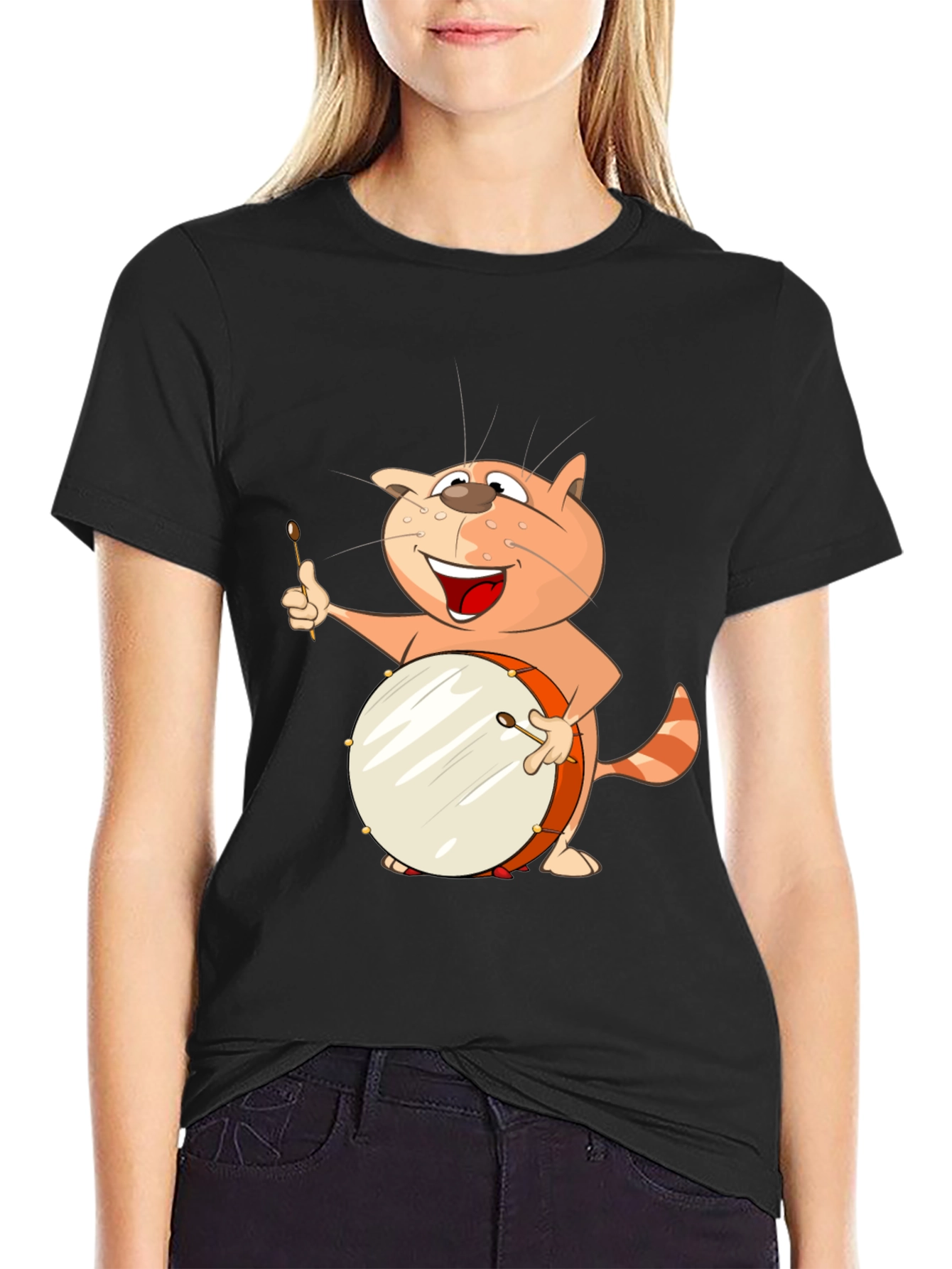 Black Funny Cat Drummer T-Shirt view 2