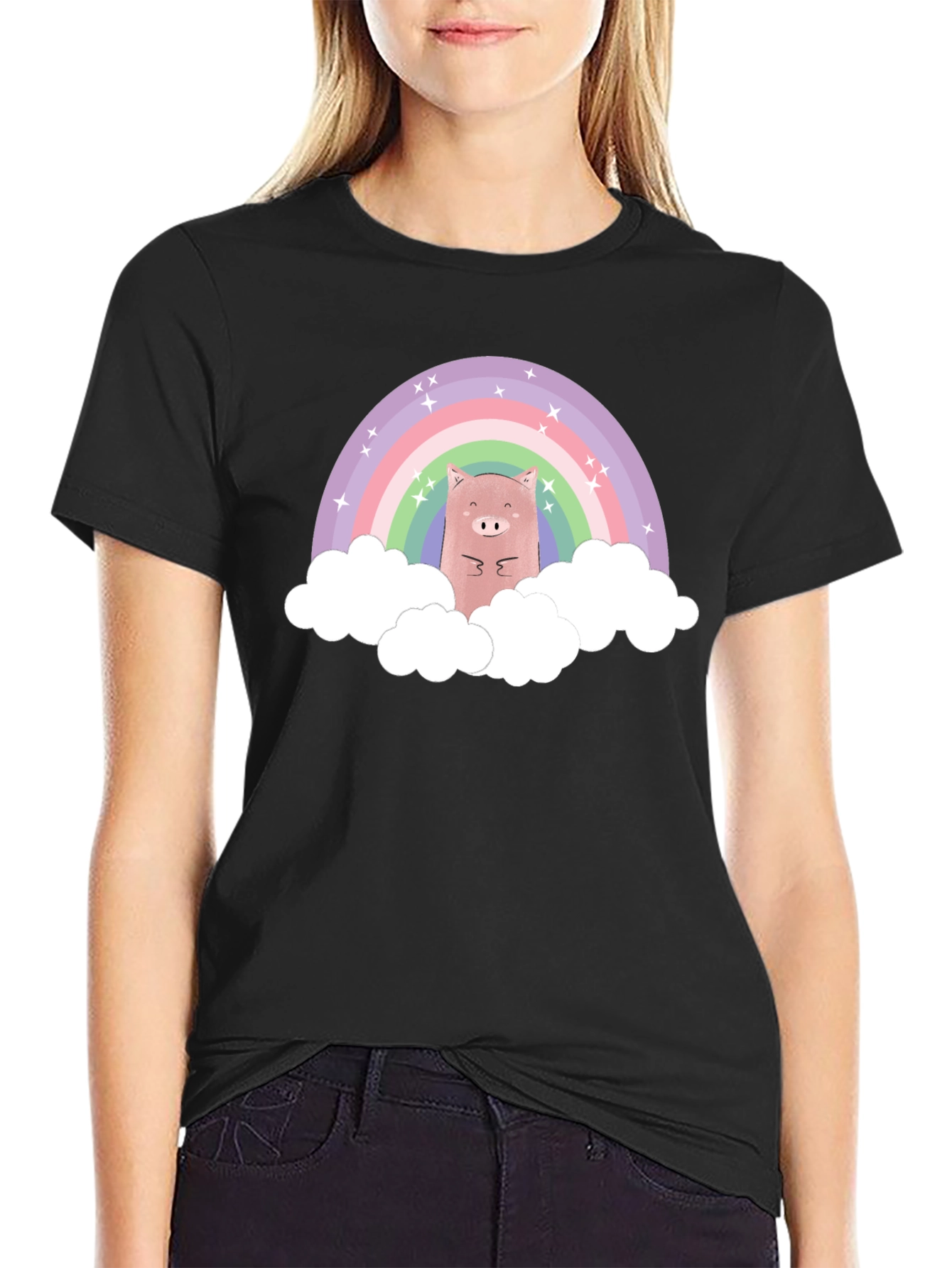 Black Rainbow Pig T-Shirt - Cute Cartoon Design view 2