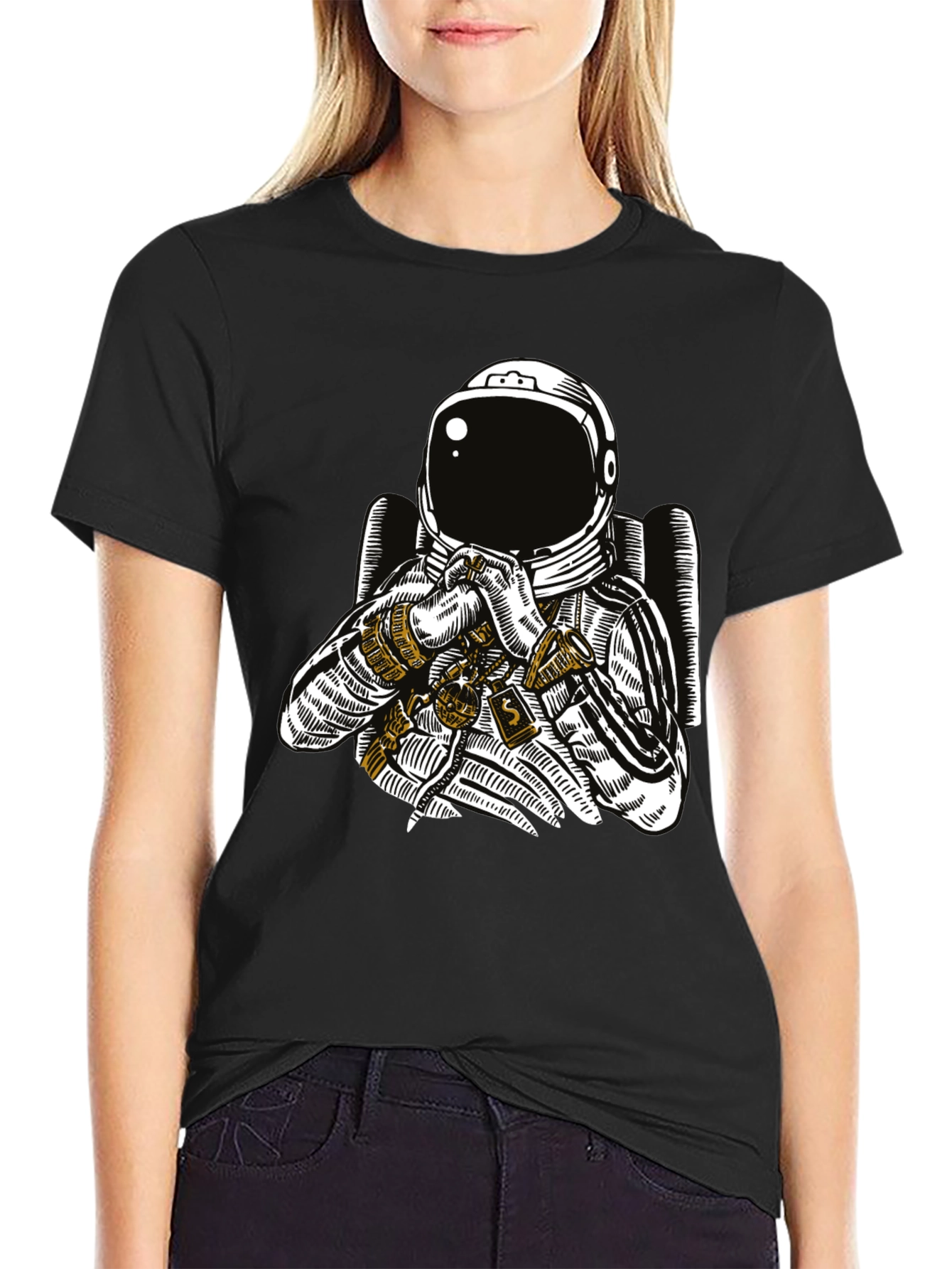 Black Astronaut Graphic Tee - Black Cotton T-Shirt view 2