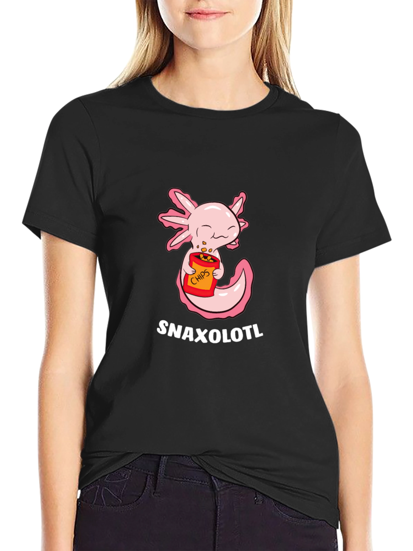 Black Snaxolotl T-Shirt - Cute Axolotl Eating Chips! view 2