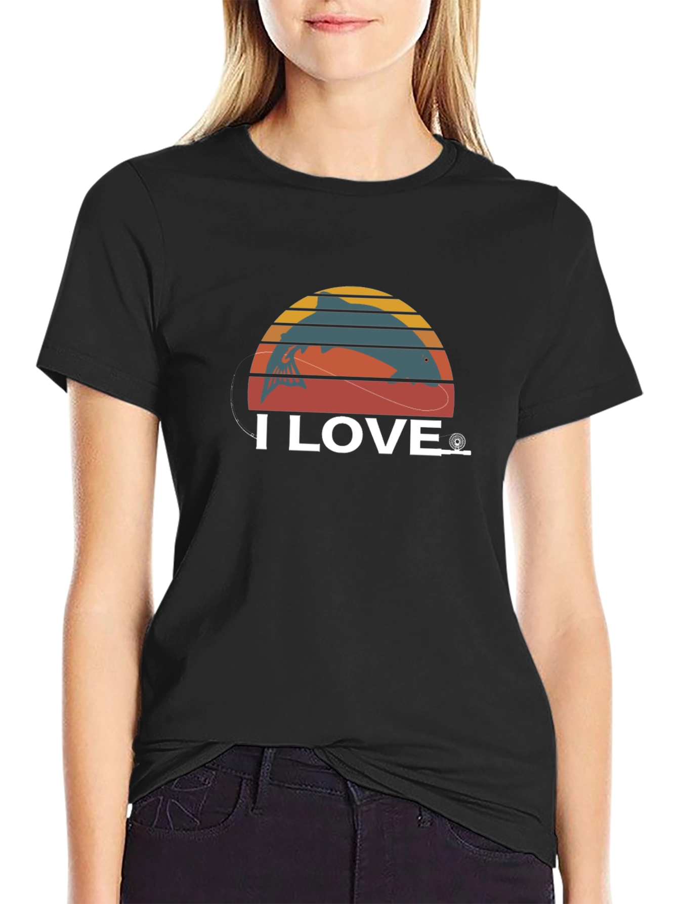 Black I Love Fishing T-Shirt, Retro Fish Design view 2