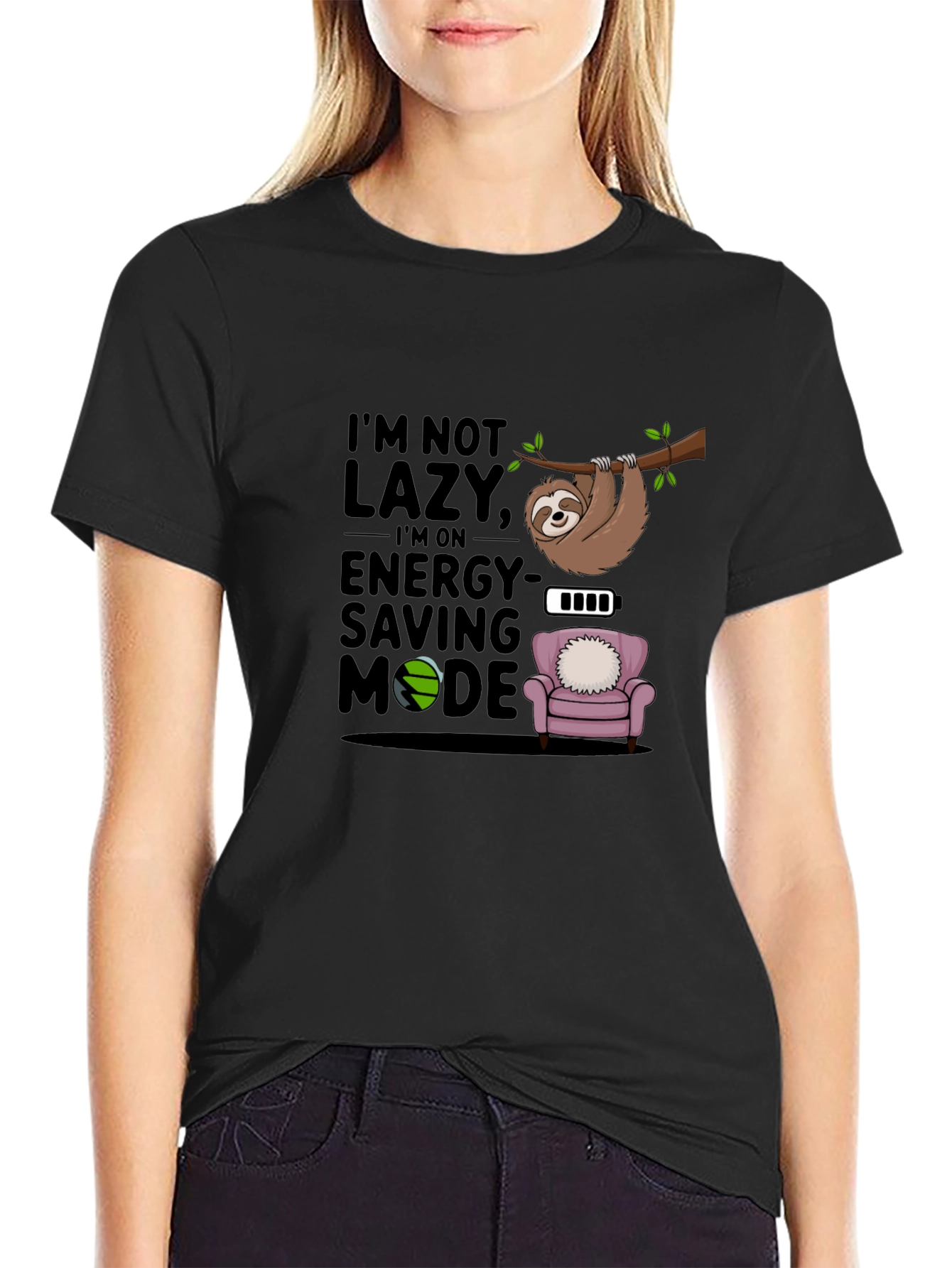 Black I'm Not Lazy T-Shirt, Sloth Energy Saving Mode Tee view 2