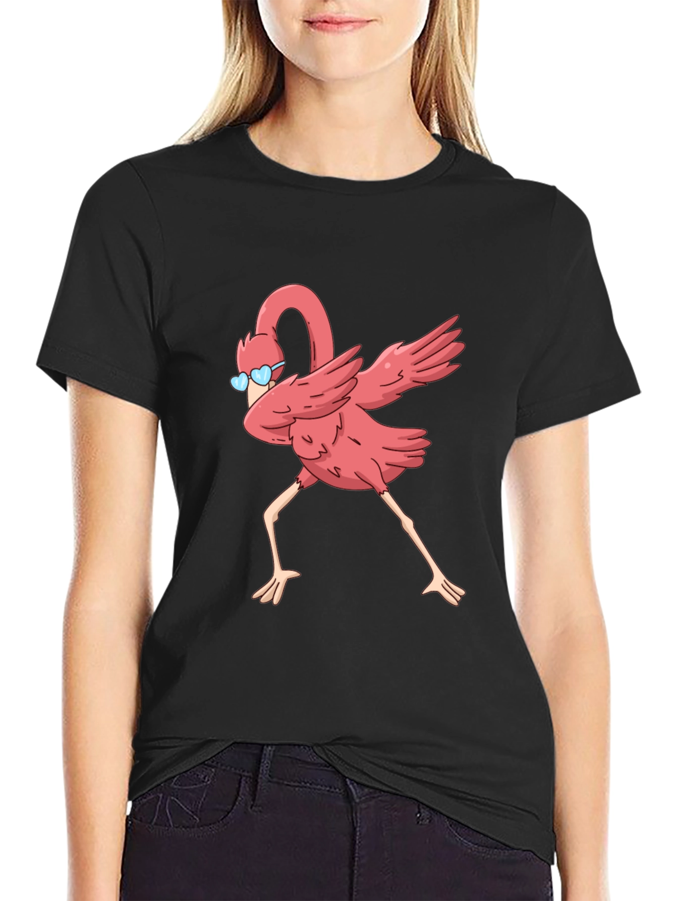 Black Dabbing Flamingo Graphic Tee - Black Cotton T-Shirt view 2