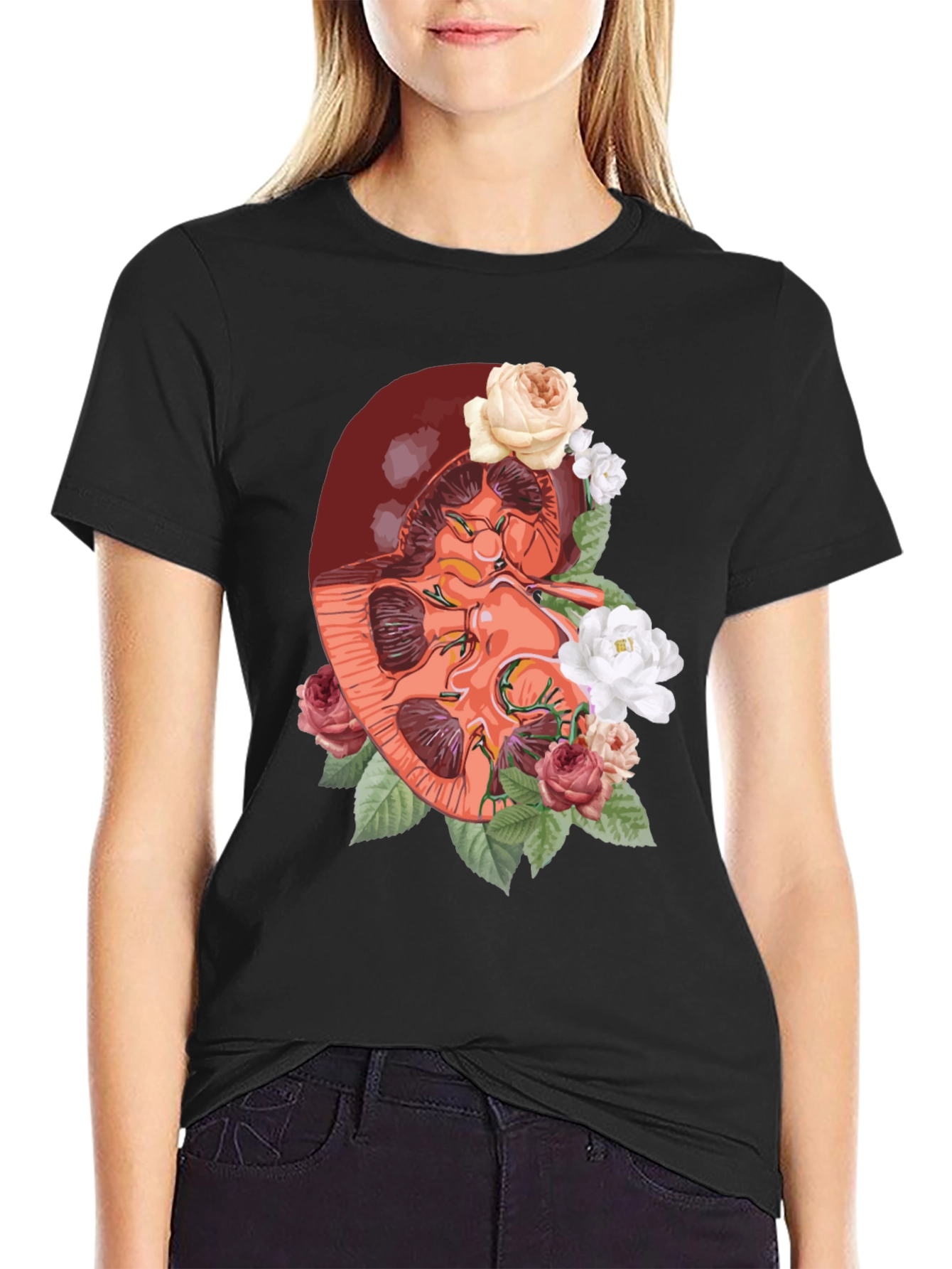 Black Floral Kidney Graphic Tee - Unique Anatomy T-Shirt view 2