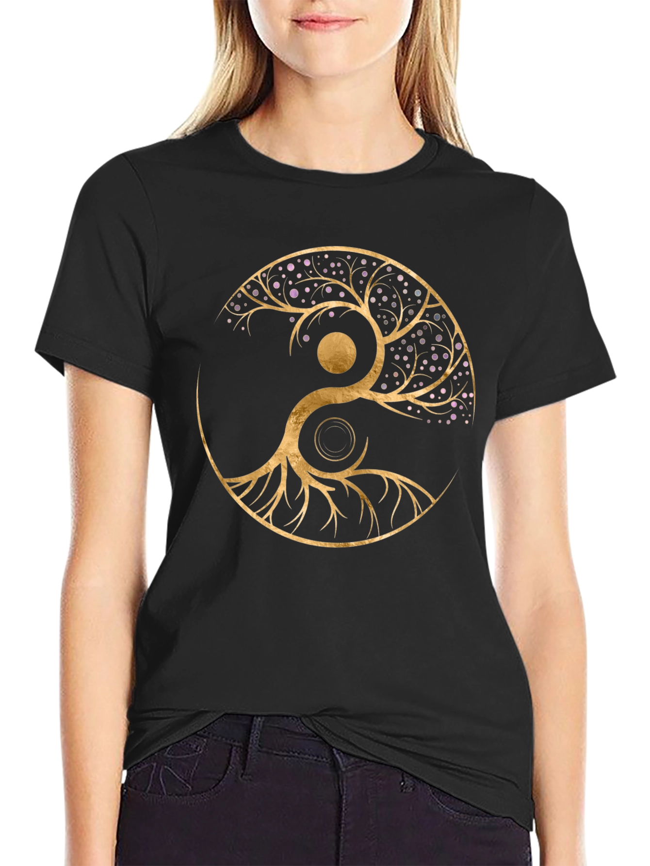 Black Yin Yang Tree of Life Black Graphic Tee view 2