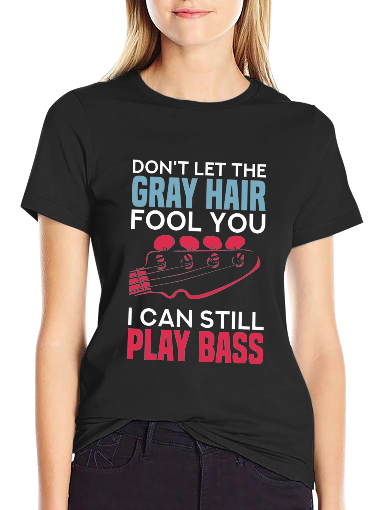 Black Gray Hair Bass Player T-Shirt view 2