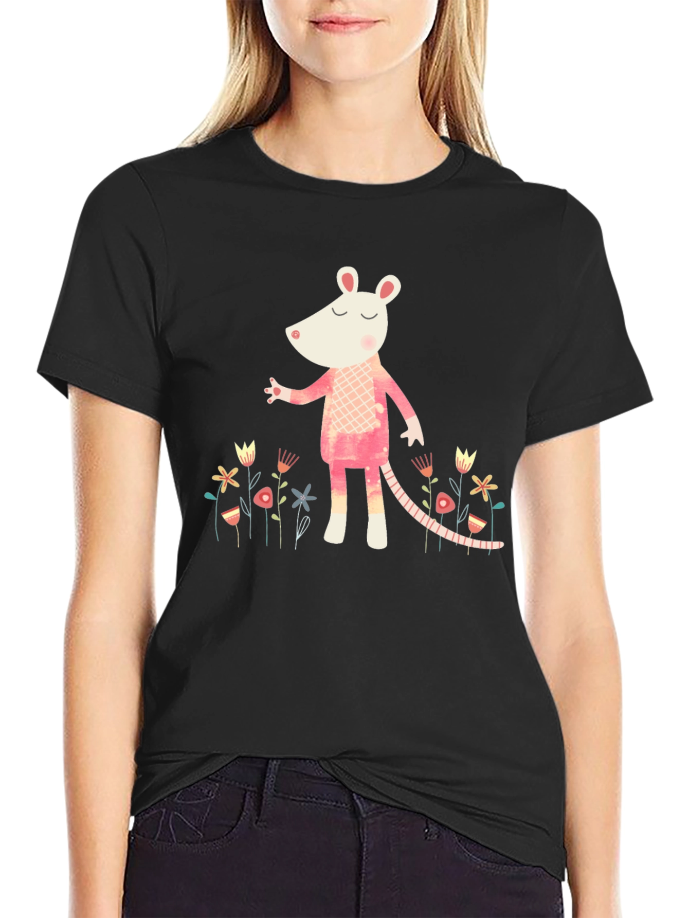 Black Whimsical Rat in Floral Garden Black T-Shirt view 2