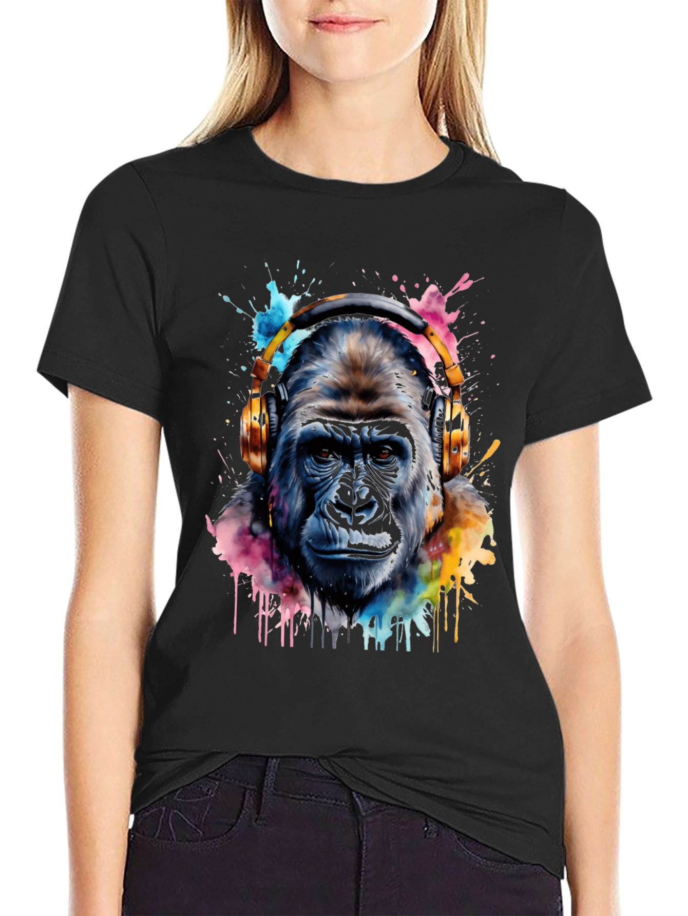 Black Gorilla DJ Tee - Watercolor Ape T-Shirt view 2