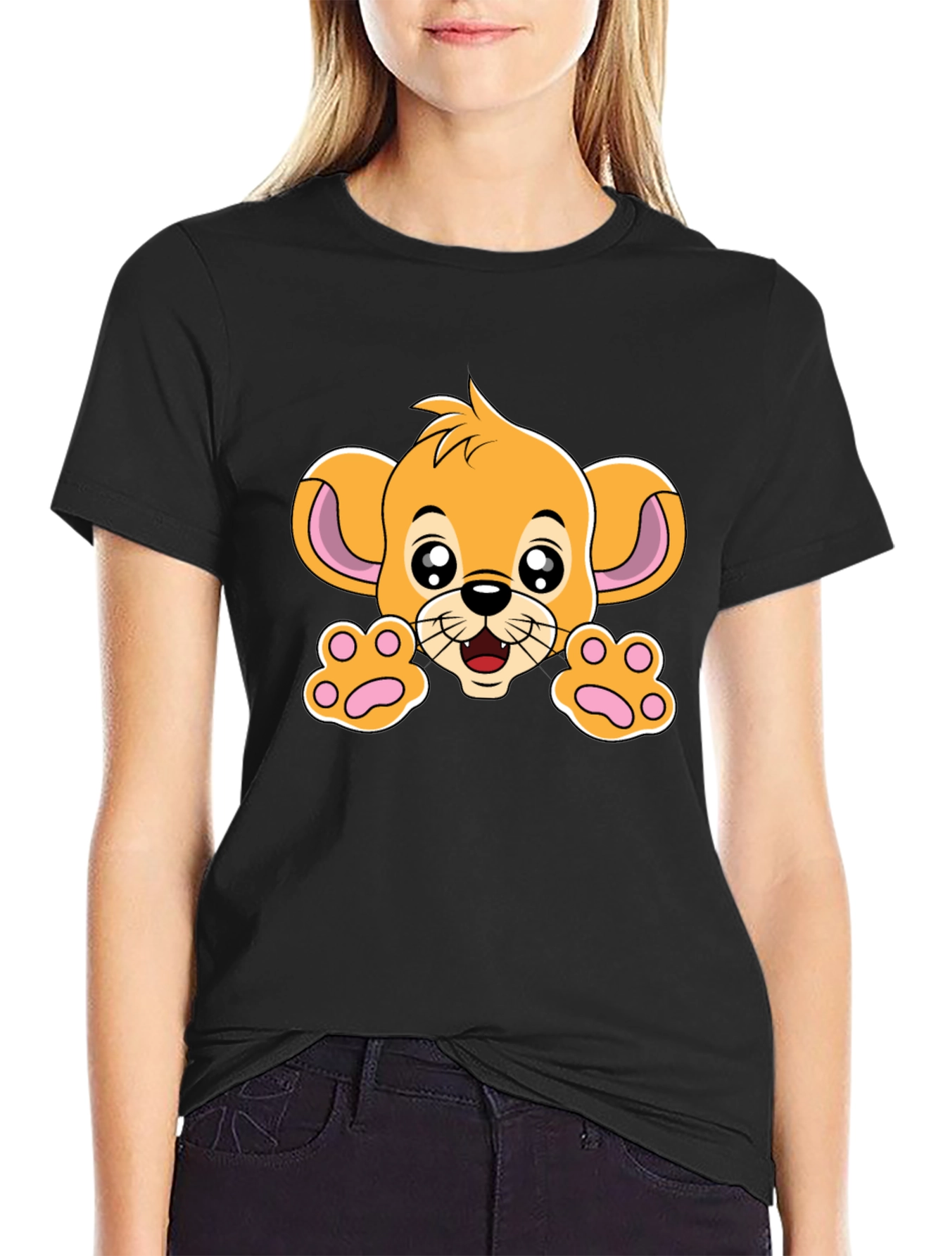 Black Cute Lion Cub Graphic Tee - Black Cotton T-Shirt view 2