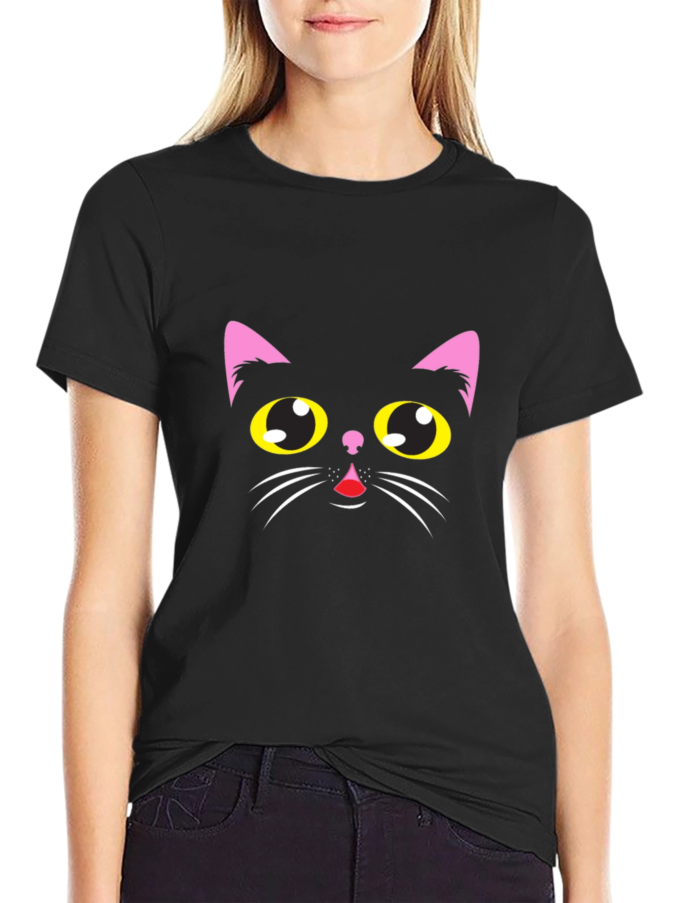 Black Black Cat Face Graphic T-Shirt view 2