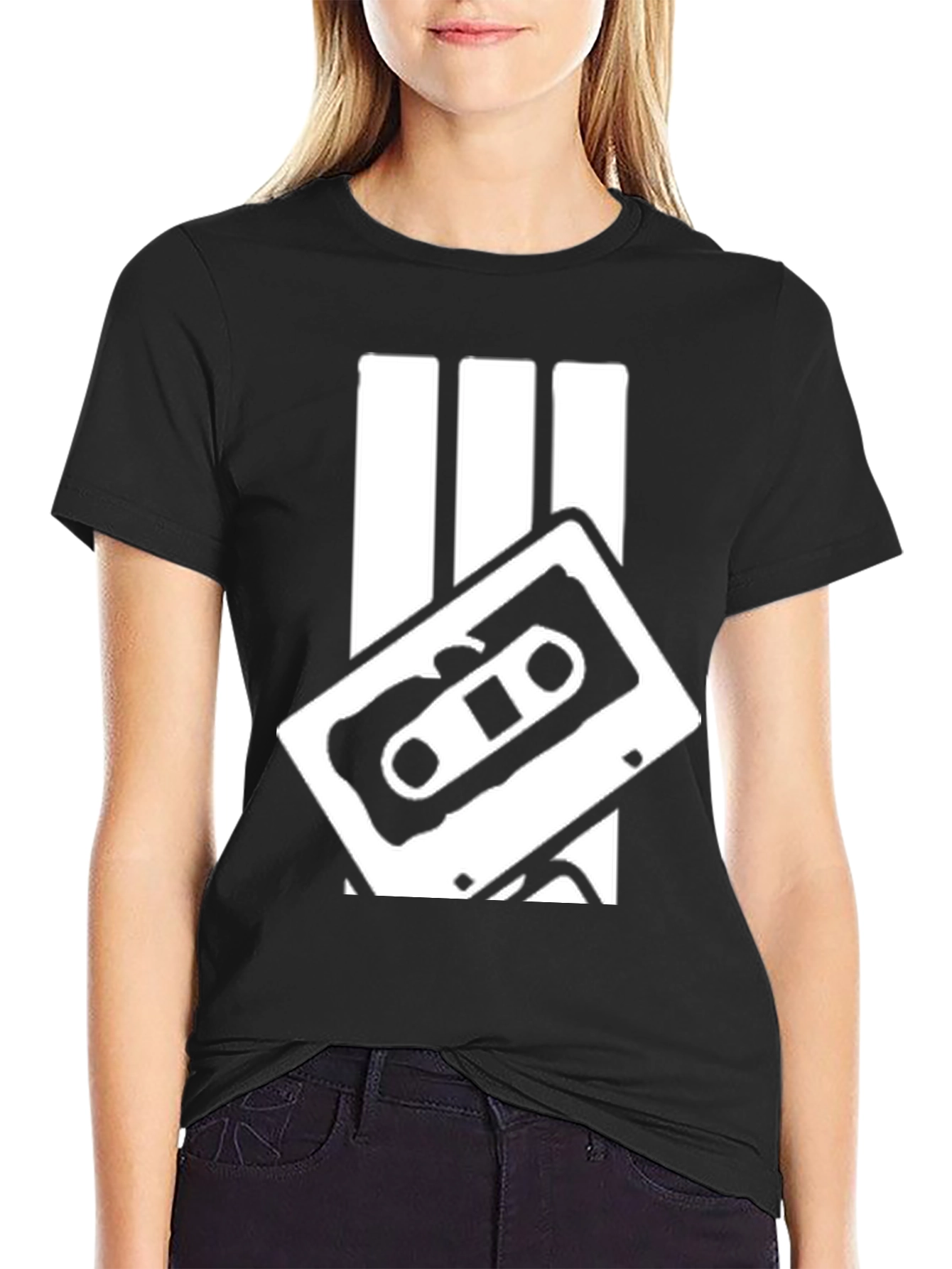Black Retro Cassette Tape Graphic Tee - Black Cotton Blend view 2